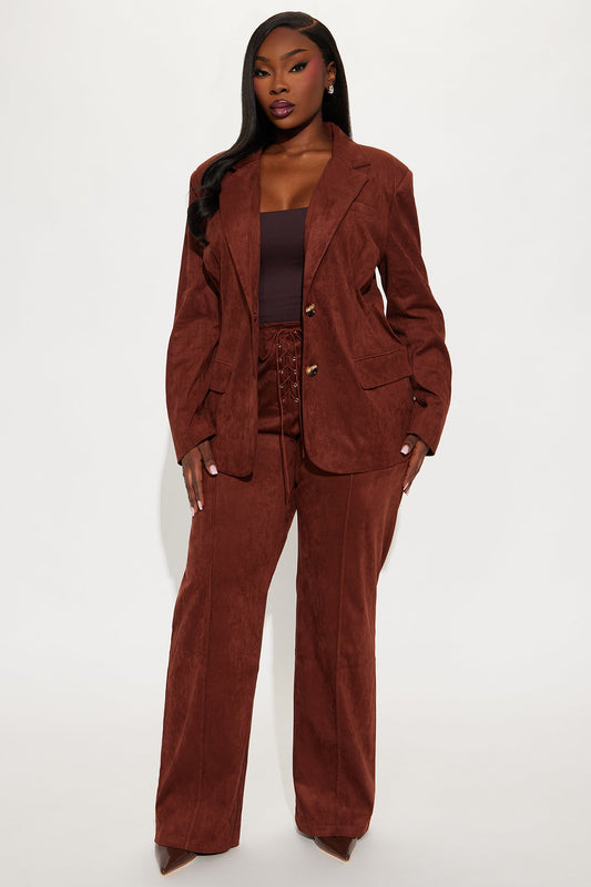 Heather Blazer Faux Suede Pant Set - Brown