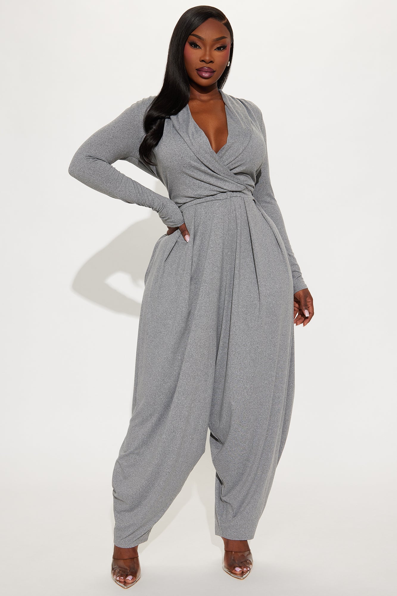 Raelynn Balloon Leg Long Sleeve Jumpsuit - Heather Grey