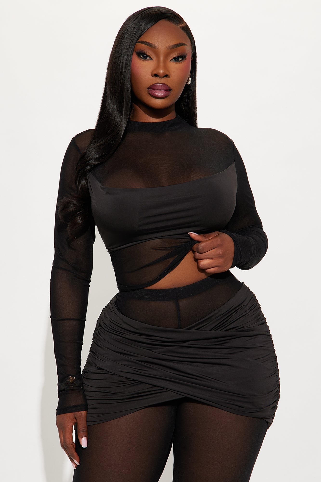 Lara Ruched Mesh Pant Set - Black