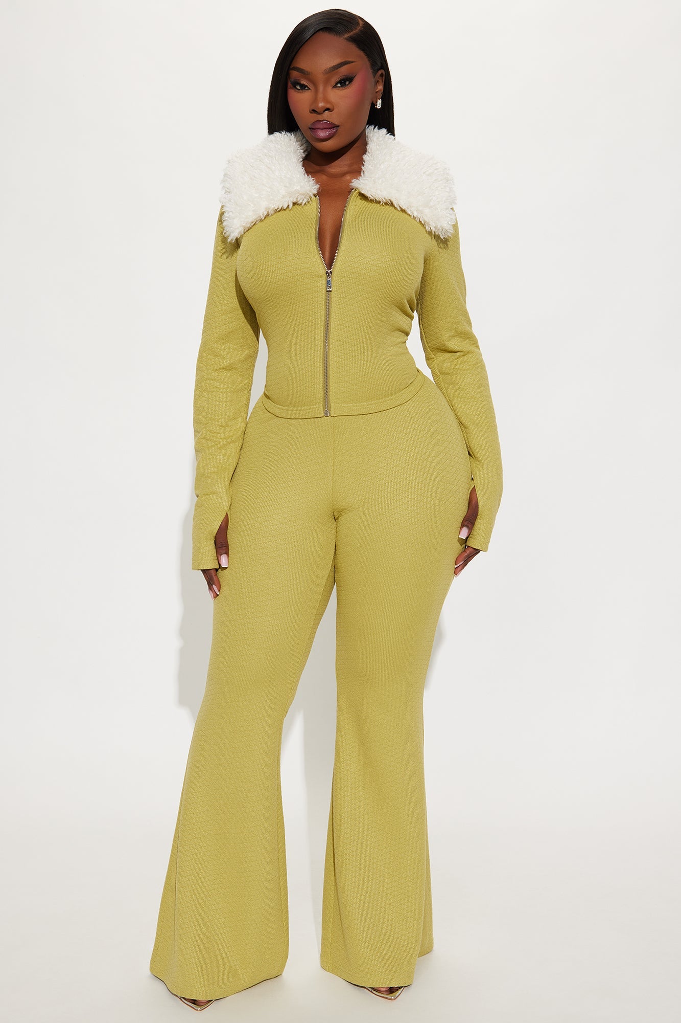 Daphne Faux Fur Trim Pant Set - Chartreuse