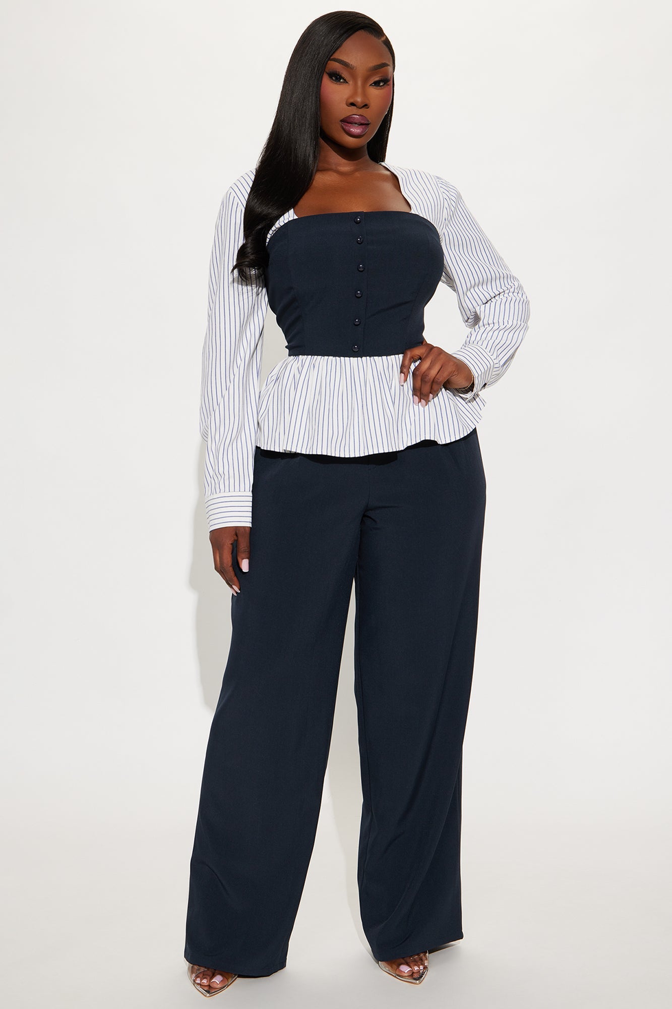 Nina Pinstripe Wide Leg Pant Set - Navy