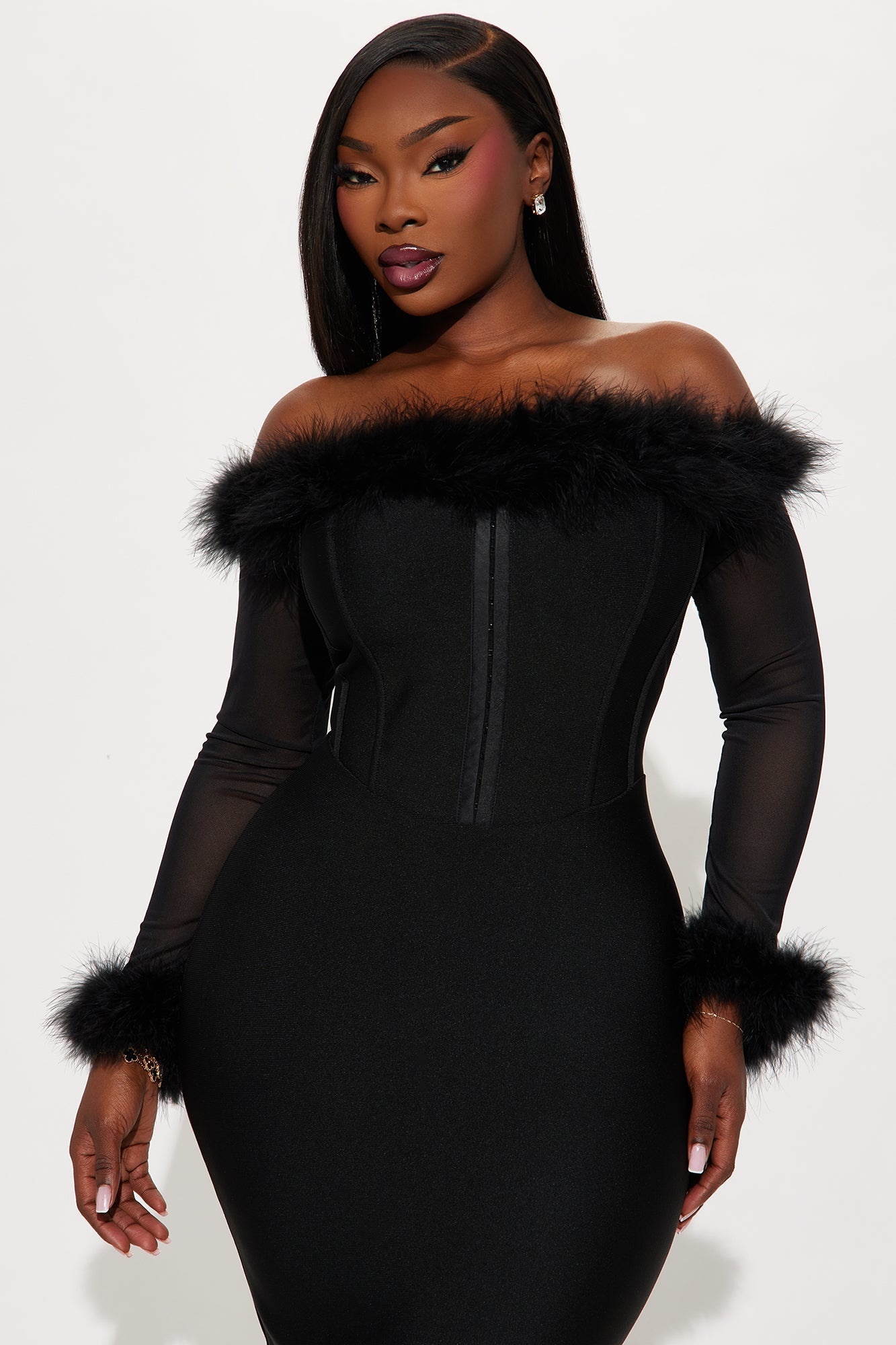 Fur Real Corset Waist Bandage Midi Dress - Black