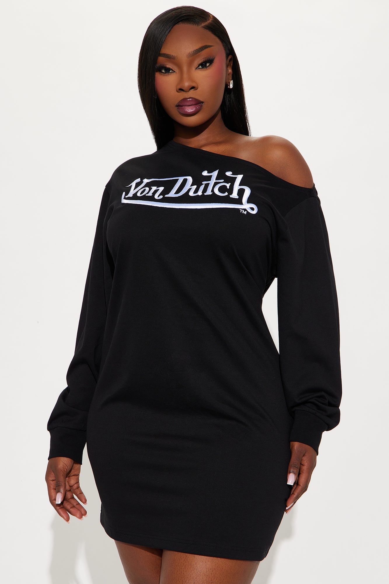 Von Dutch Classic Off Shoulder Sweatshirt Mini Dress - Black