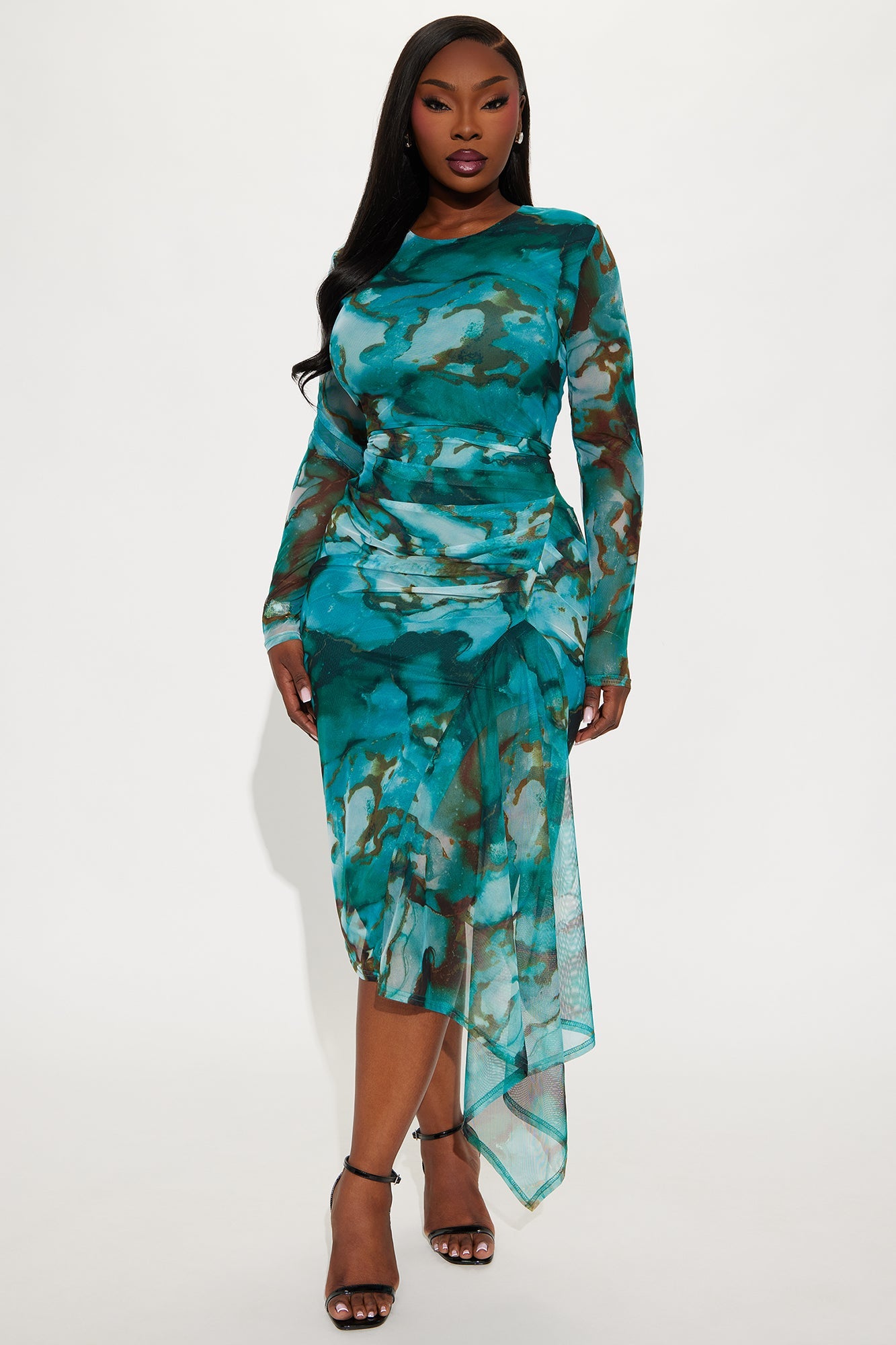 Millie Draped Marble Mesh Midi Dress - Teal/combo