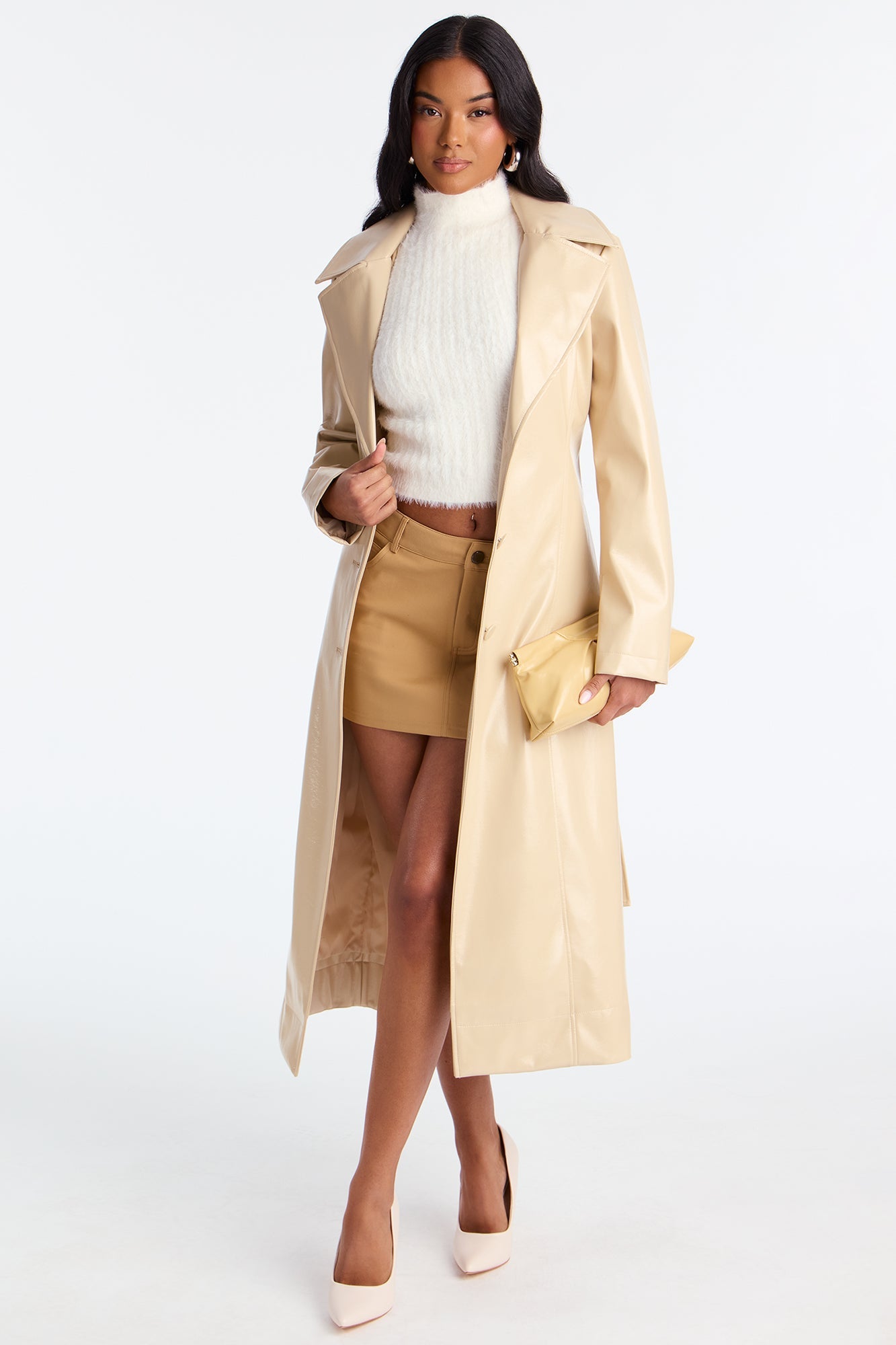 Kelis Faux Leather Trench Coat - Beige
