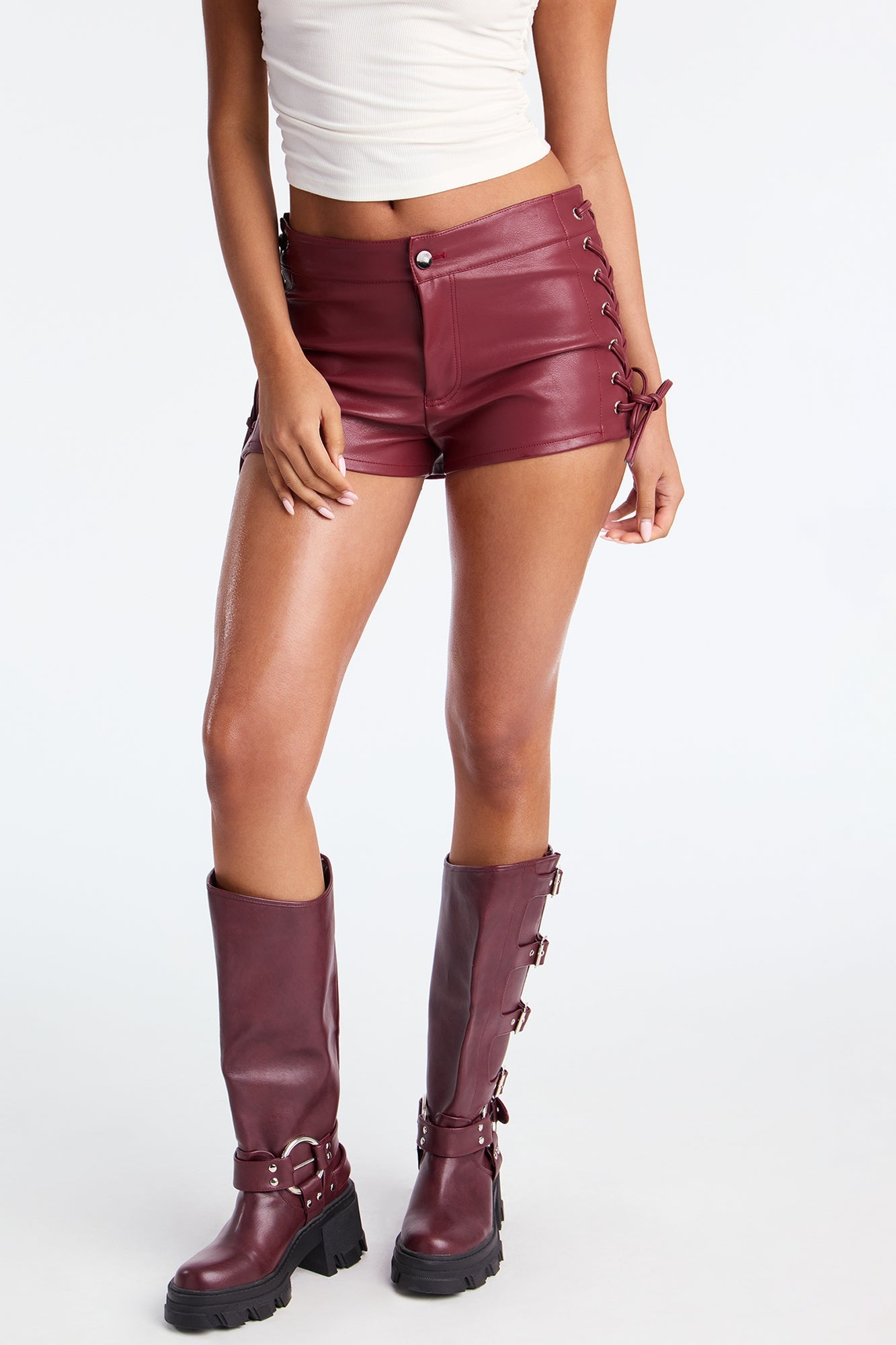 Dezja Faux Leather Lace Up Micro Short - Burgundy