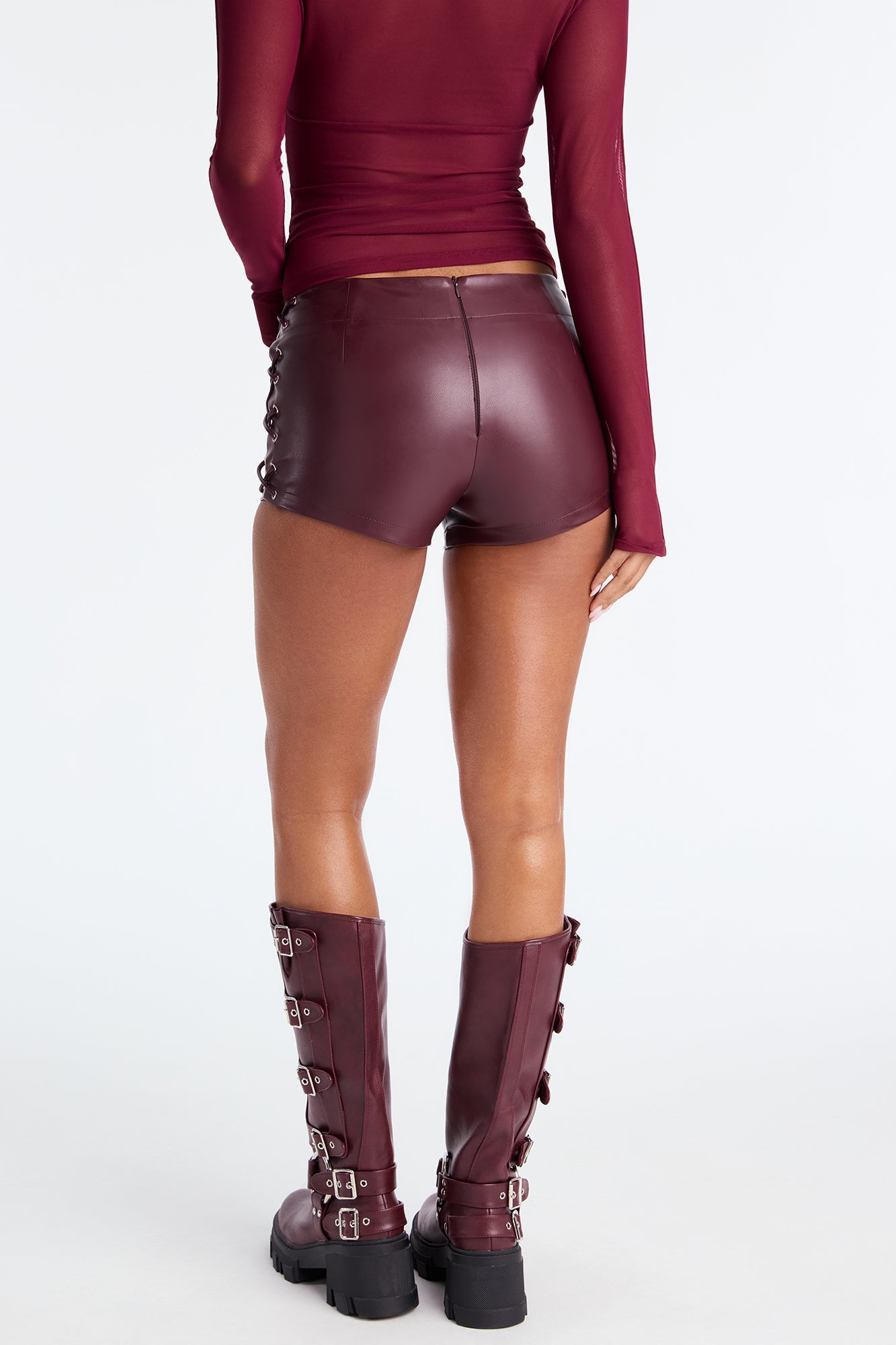 After Hours Lace Up Faux Leather Micro Short - Burgundy