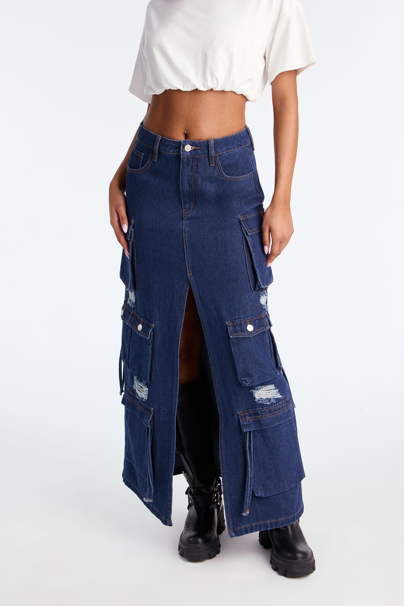 Out Of Town Cargo Denim Maxi Skirt - Rinse Blue Wash