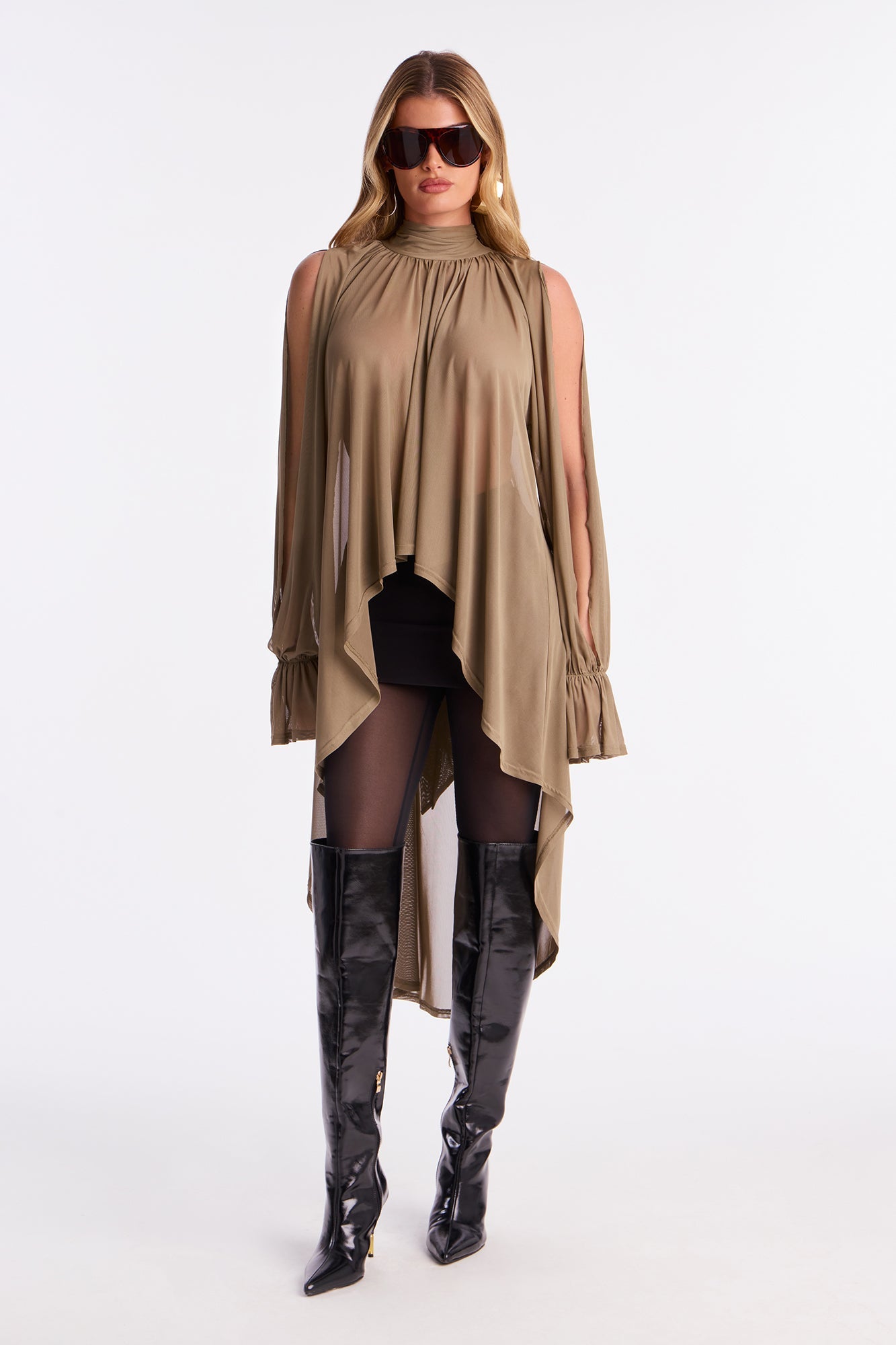 Thin Air Long Sleeve Draped Mesh Top - Sage