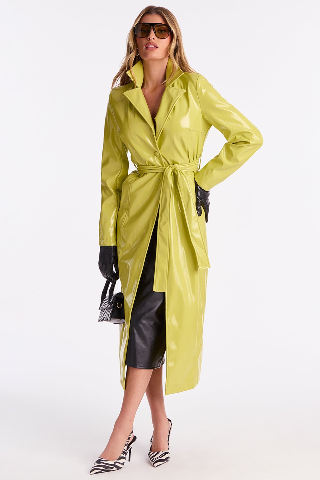 Hold My Own Faux Patent Leather Coat - Chartreuse