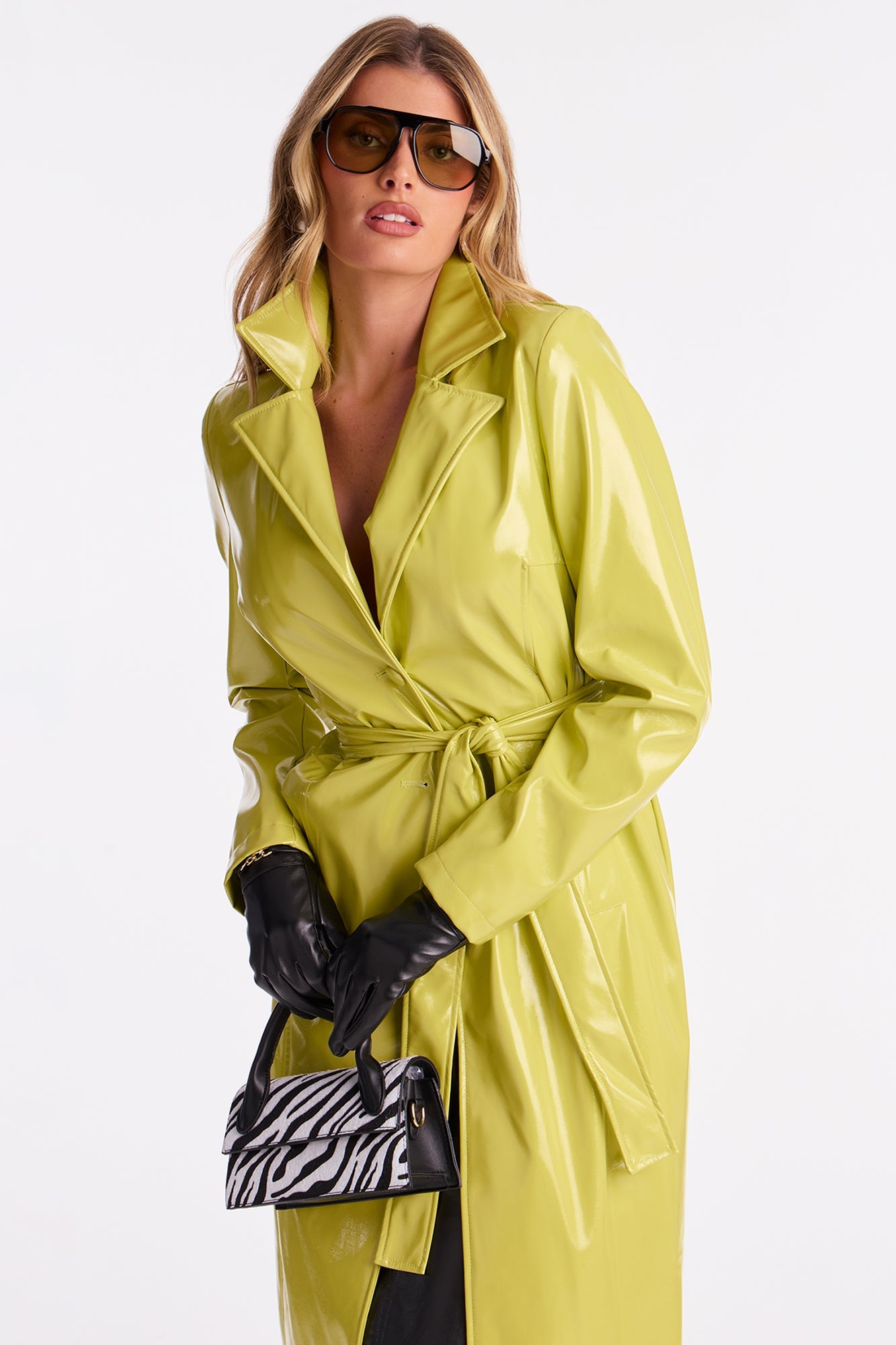Hold My Own Faux Patent Leather Coat - Chartreuse