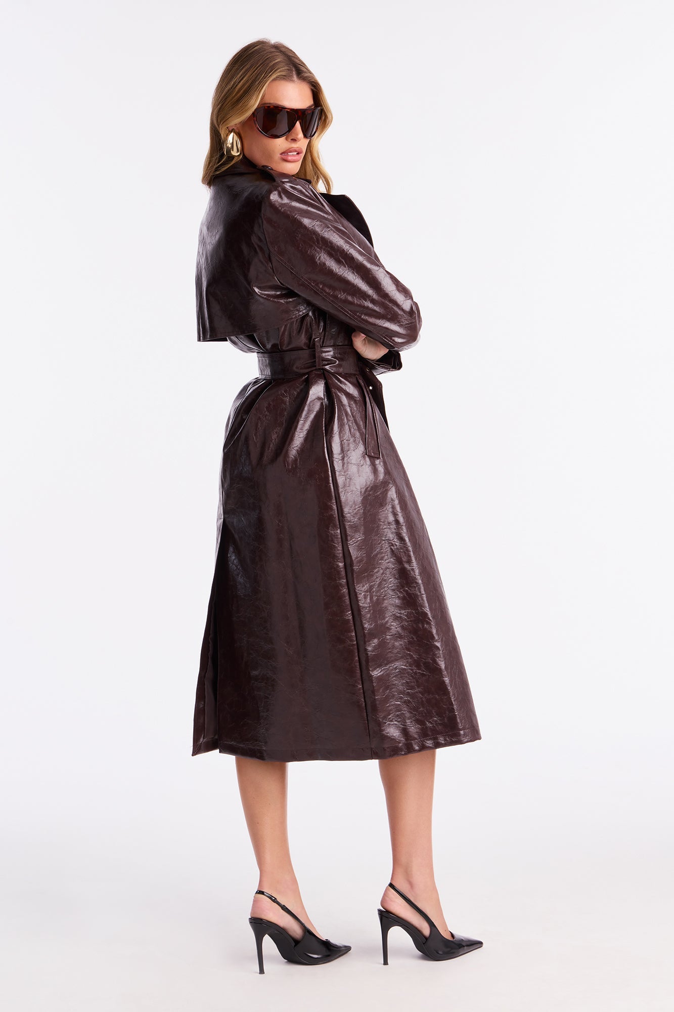 Mya Faux Leather Trench Coat - Chocolate