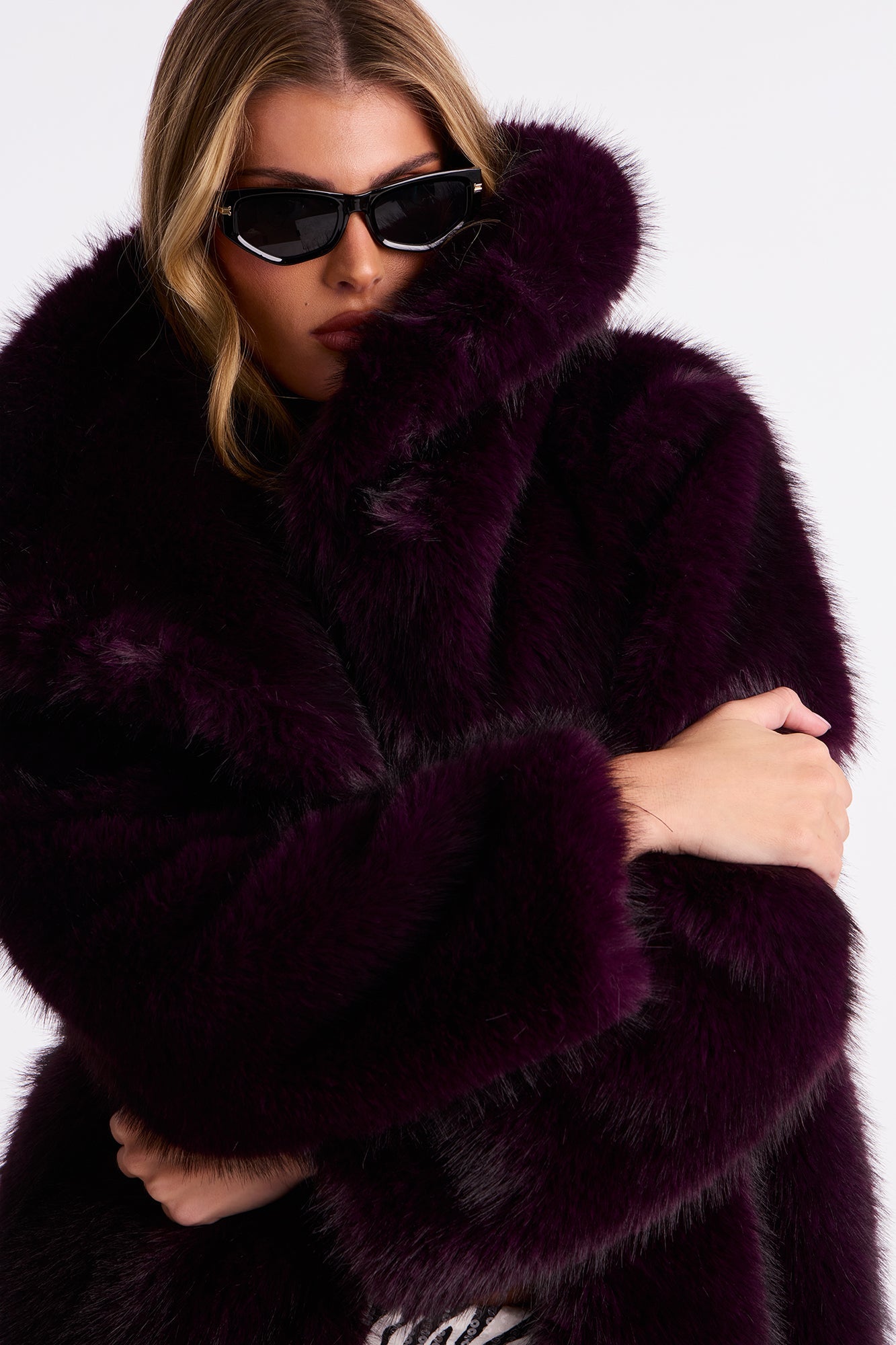 Bella Donna Two Tone Long Faux Fur Coat - Plum