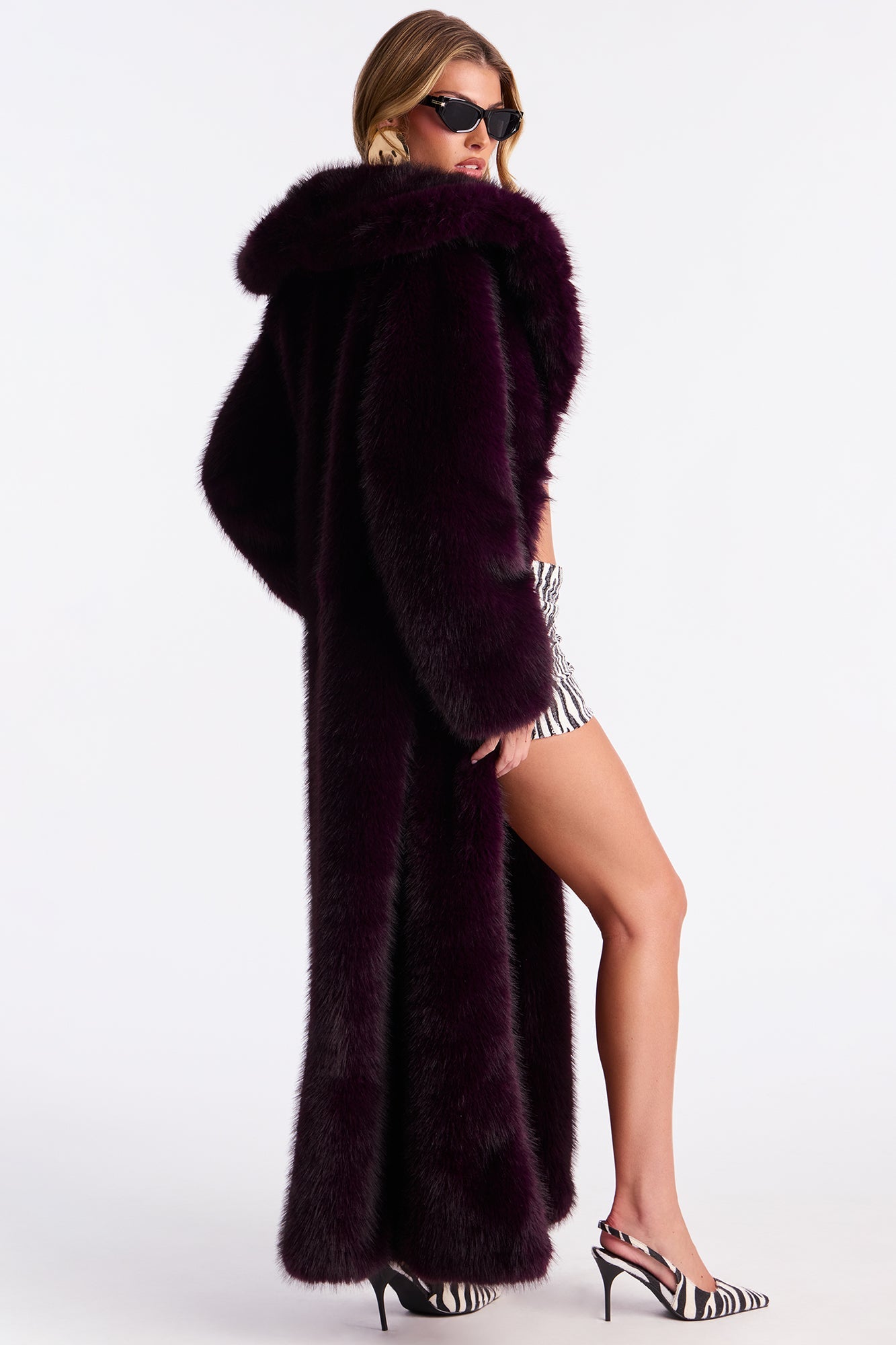 Bella Donna Two Tone Long Faux Fur Coat - Plum