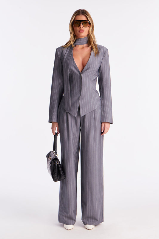 Ready To Rule 3 Piece Pinstripe Blazer Pant Set - Grey