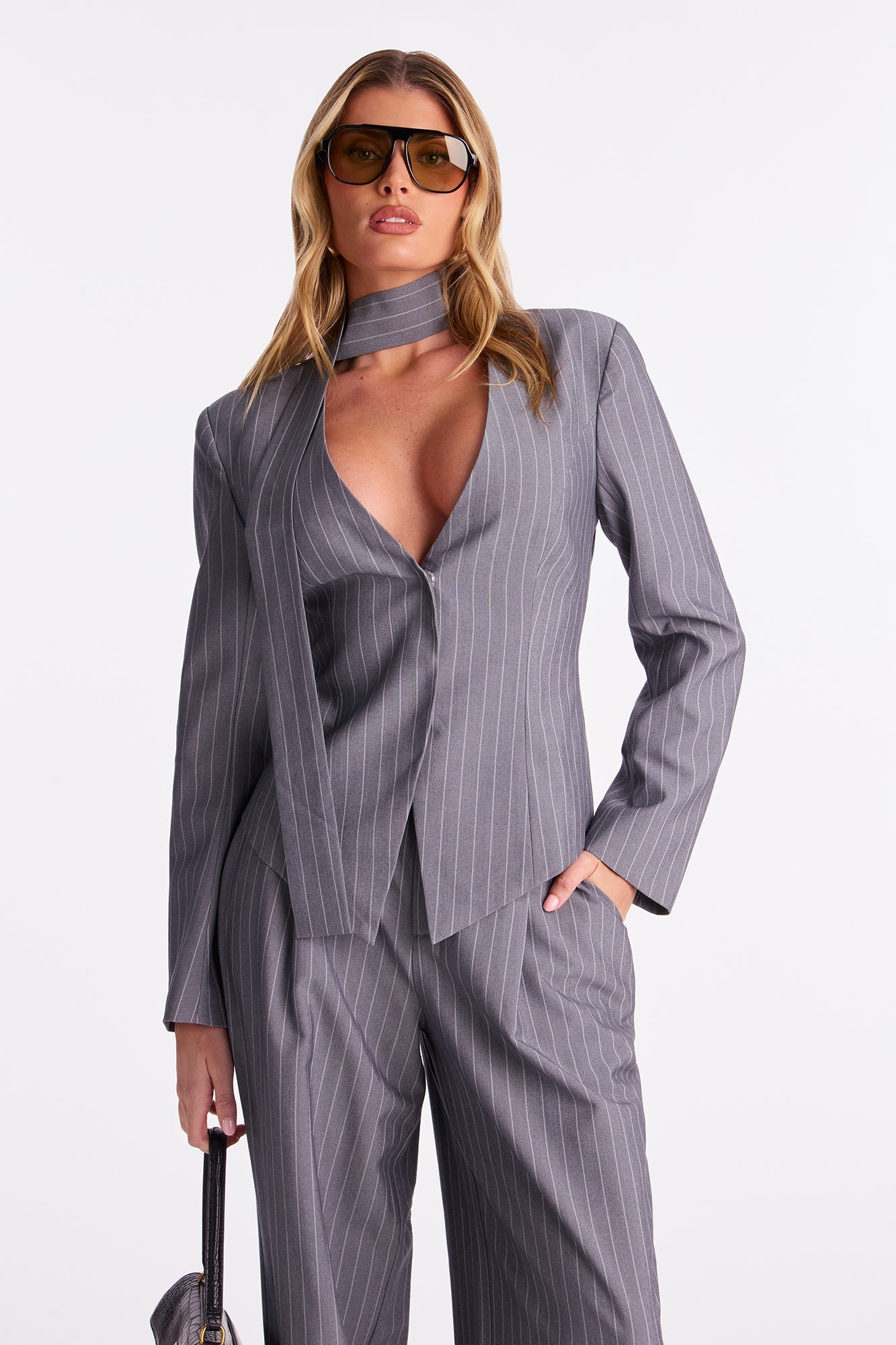 Ready To Rule 3 Piece Pinstripe Blazer Pant Set - Grey