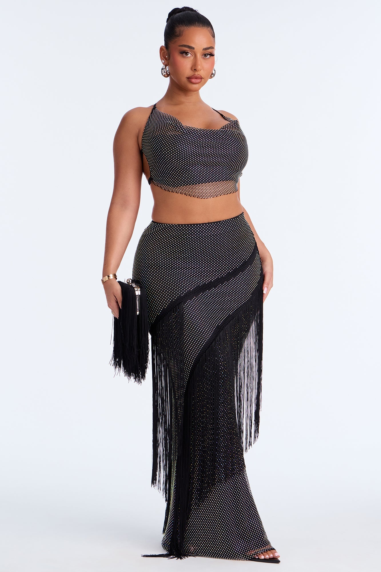In My Element Embellished Fishnet Maxi Skirt Set - Black