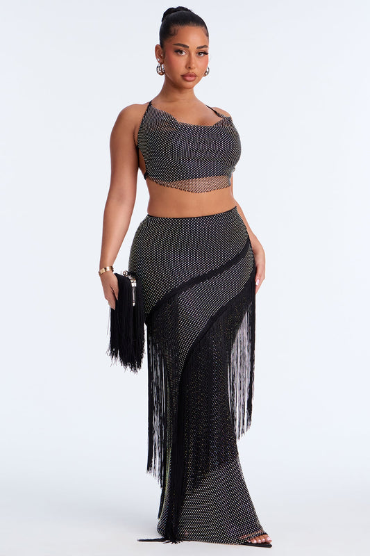 In My Element Embellished Fishnet Maxi Skirt Set - Black