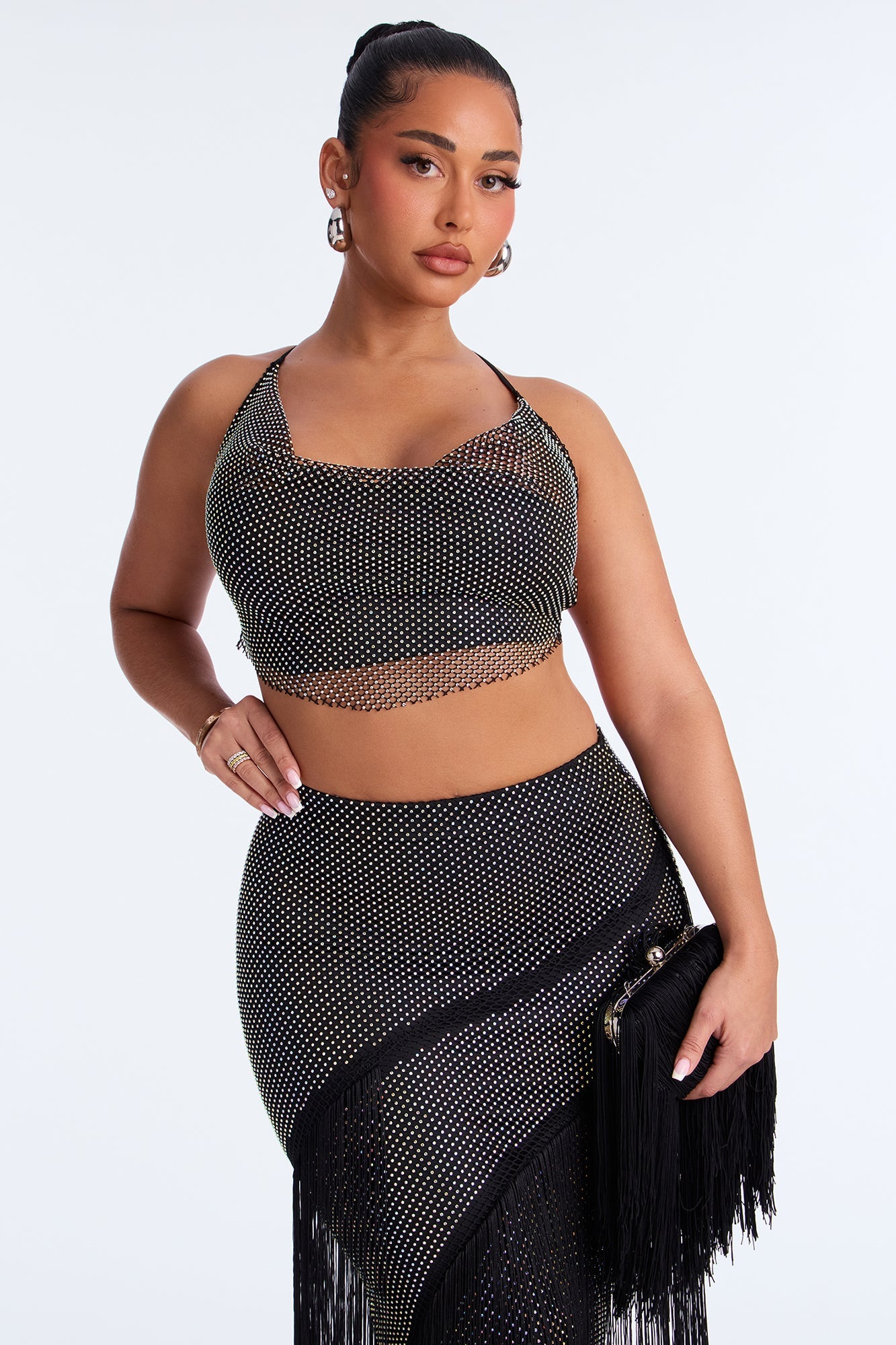 In My Element Embellished Fishnet Maxi Skirt Set - Black