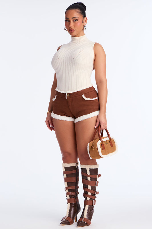 Cabin Crush Faux Suede Sherpa Micro Short - Dark Brown