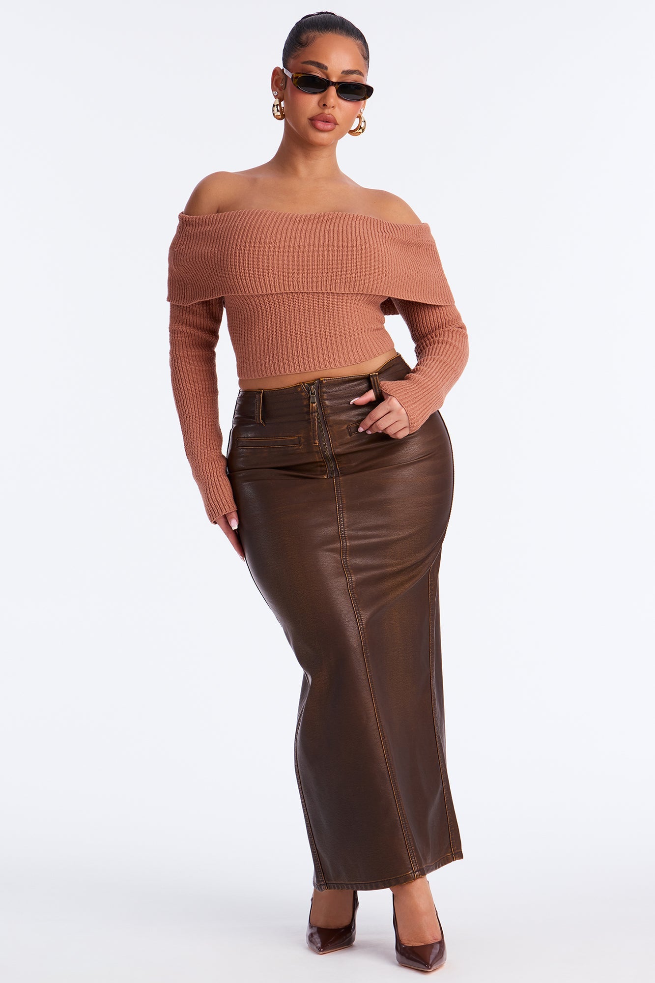 City Chic Off Shoulder Sweater - Mocha