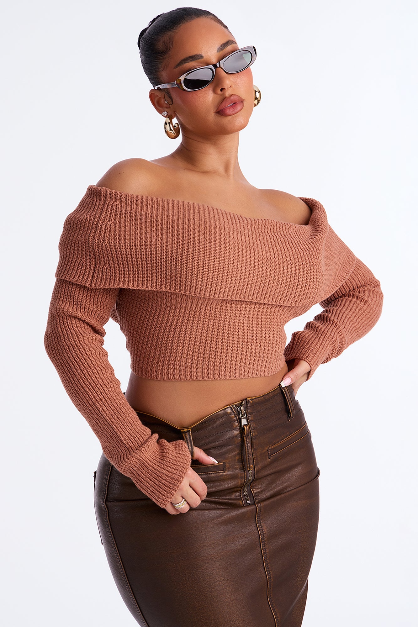City Chic Off Shoulder Sweater - Mocha
