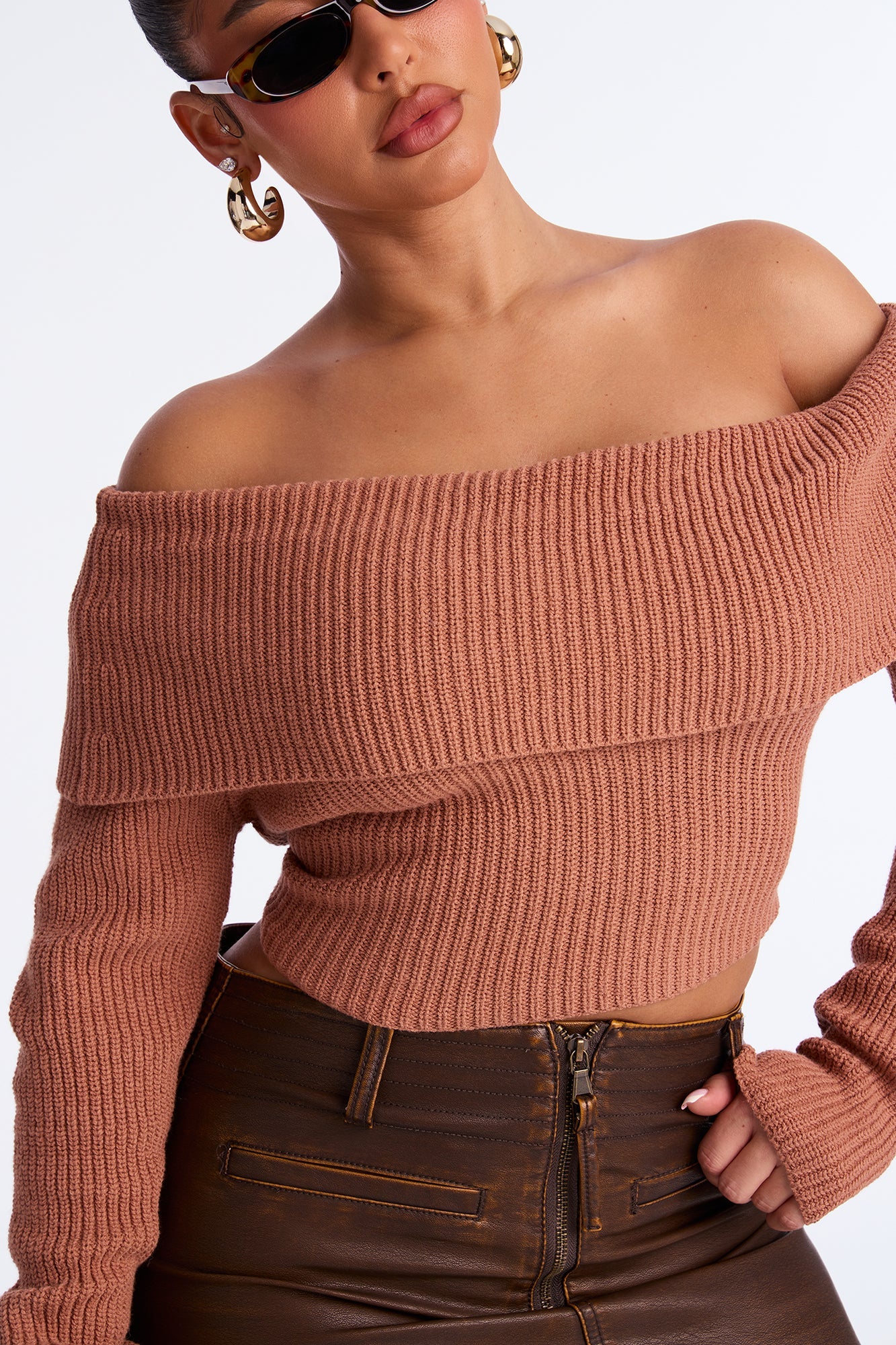 City Chic Off Shoulder Sweater - Mocha