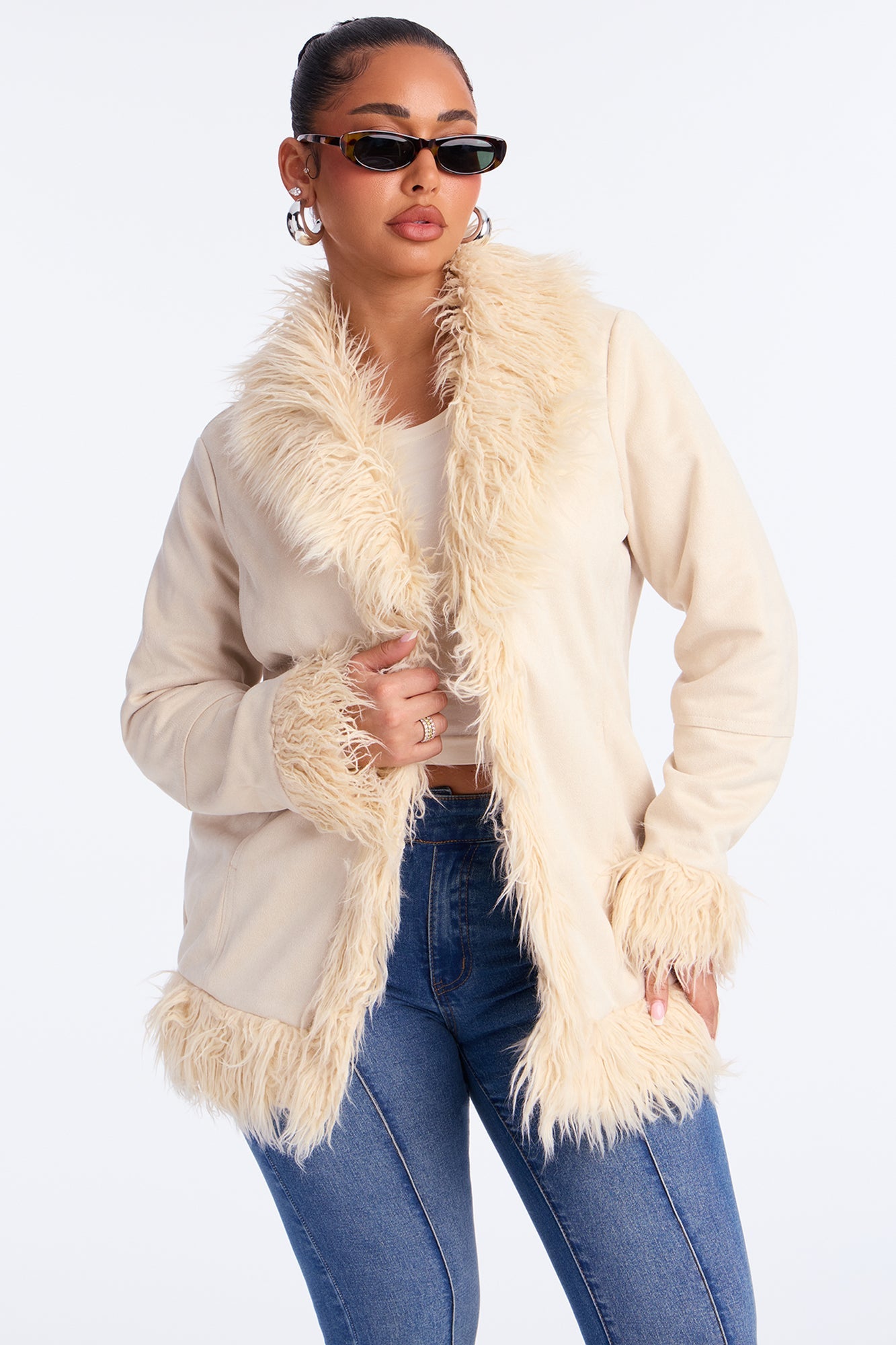 Raven Fur Trim Faux Suede Coat - Ivory