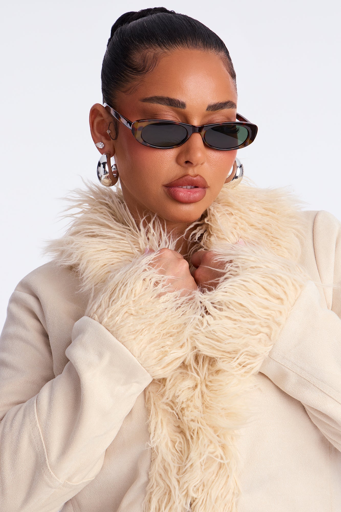 Raven Fur Trim Faux Suede Coat - Ivory