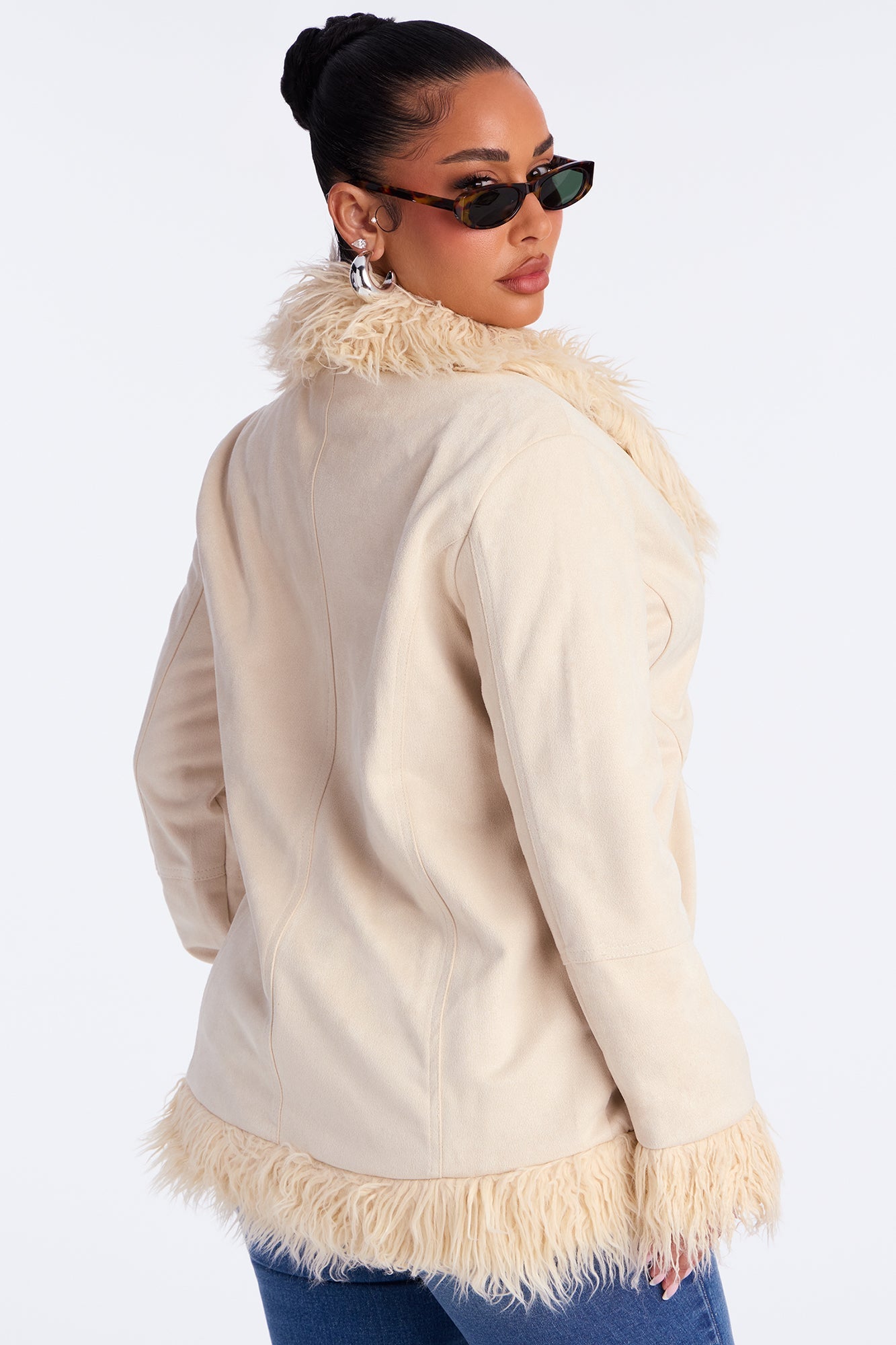 Raven Fur Trim Faux Suede Coat - Ivory