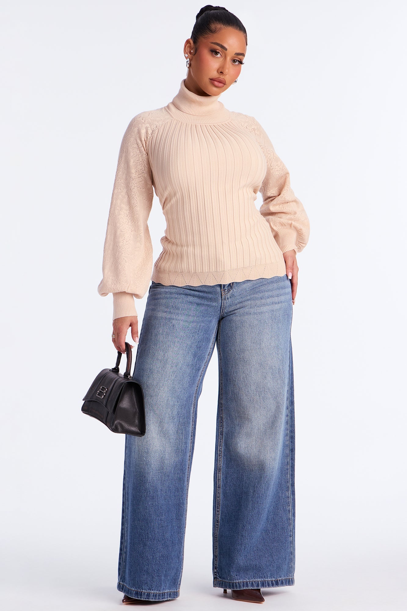 Just My Type Puff Sleeve Fitted Pullover Sweater - Beige