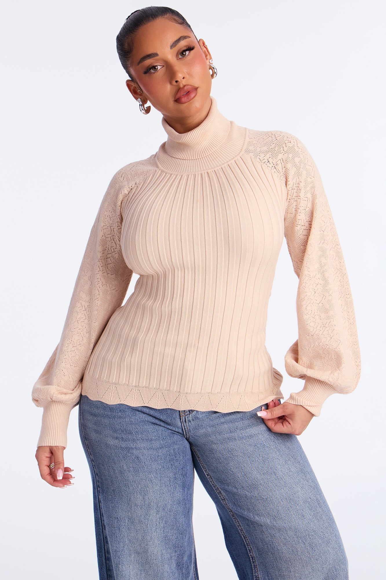 Just My Type Puff Sleeve Fitted Pullover Sweater - Beige