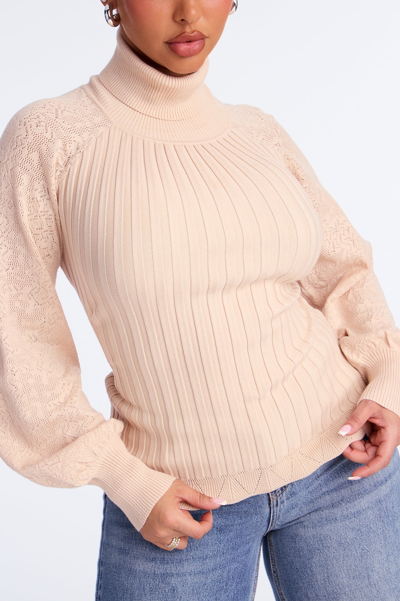 Just My Type Puff Sleeve Fitted Pullover Sweater - Beige