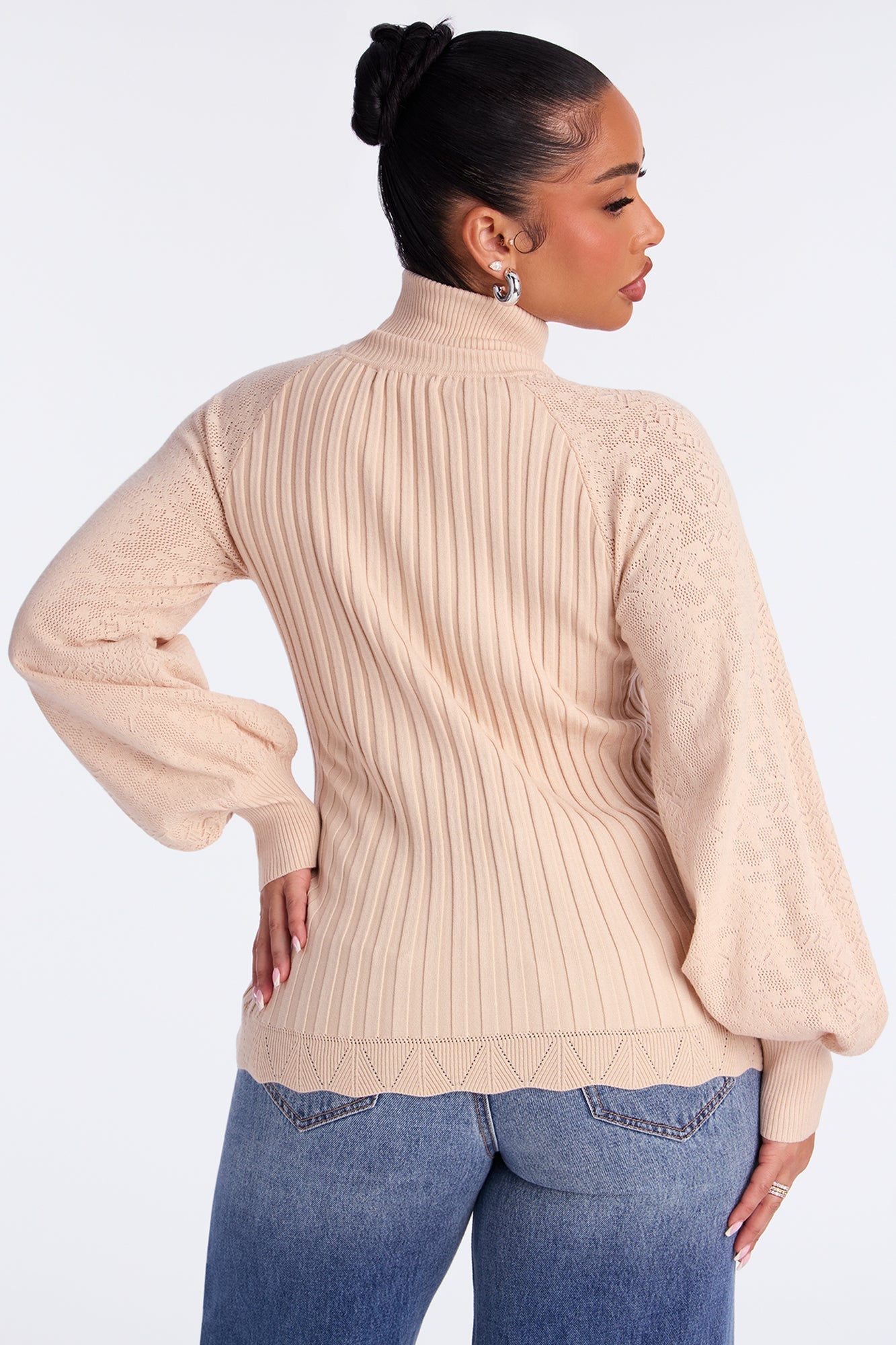 Just My Type Puff Sleeve Fitted Pullover Sweater - Beige