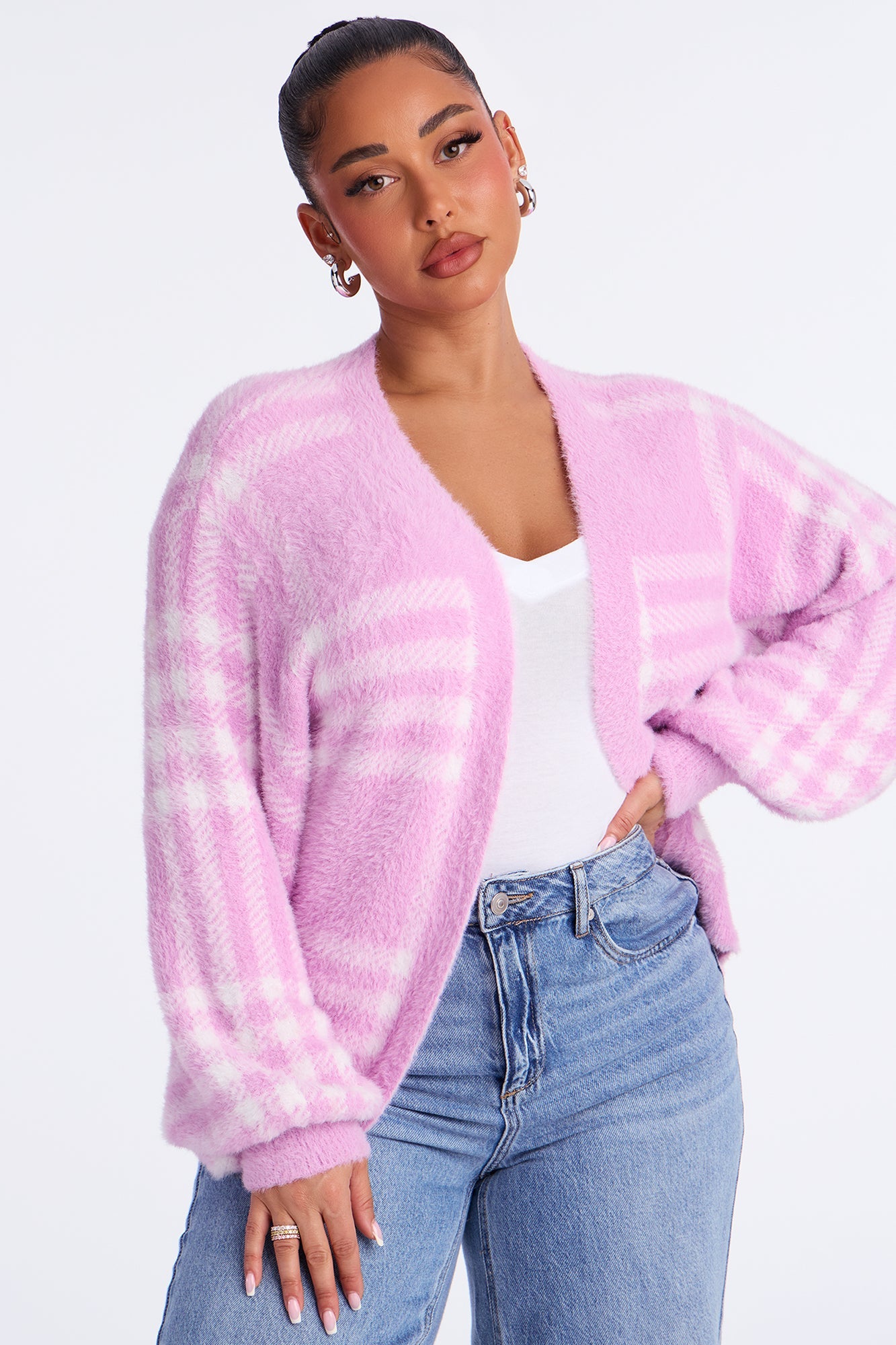 Feels Like Fuzzy Plaid Cardigan - Pink/combo