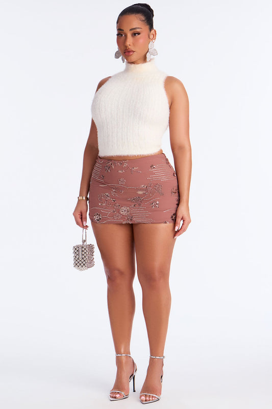 Life Of The Party Floral Beaded Mini Skirt - Mocha