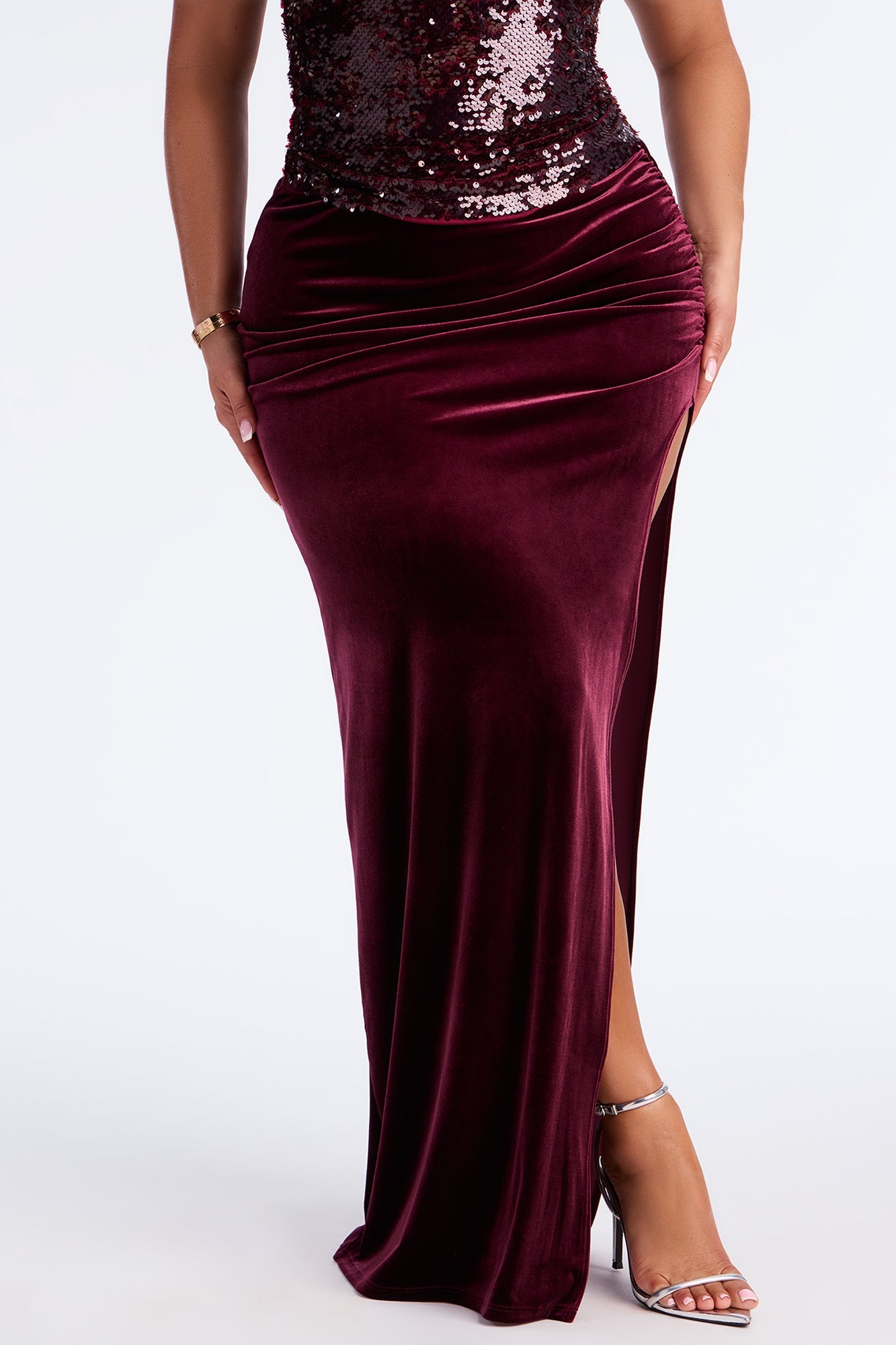 Cheers To Me Ruched High Slit Velvet Maxi Skirt - Wine