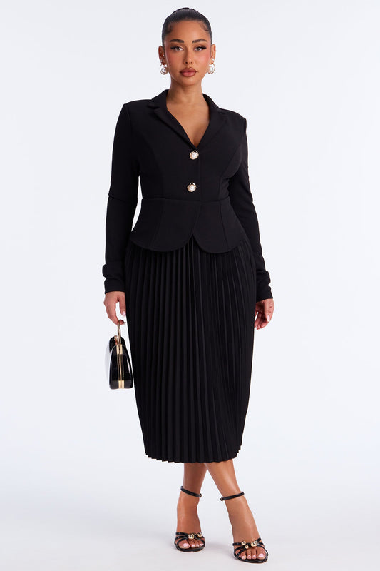 Park Avenue Pleated Crepe Knit Midi Dress - Black/Black
