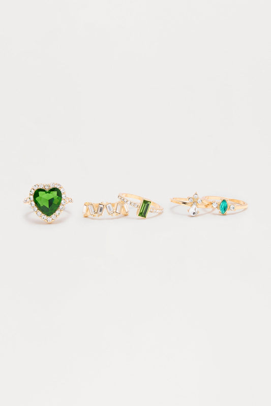 Lucky Love 5 Piece Mutli Ring Set - Gold/Green