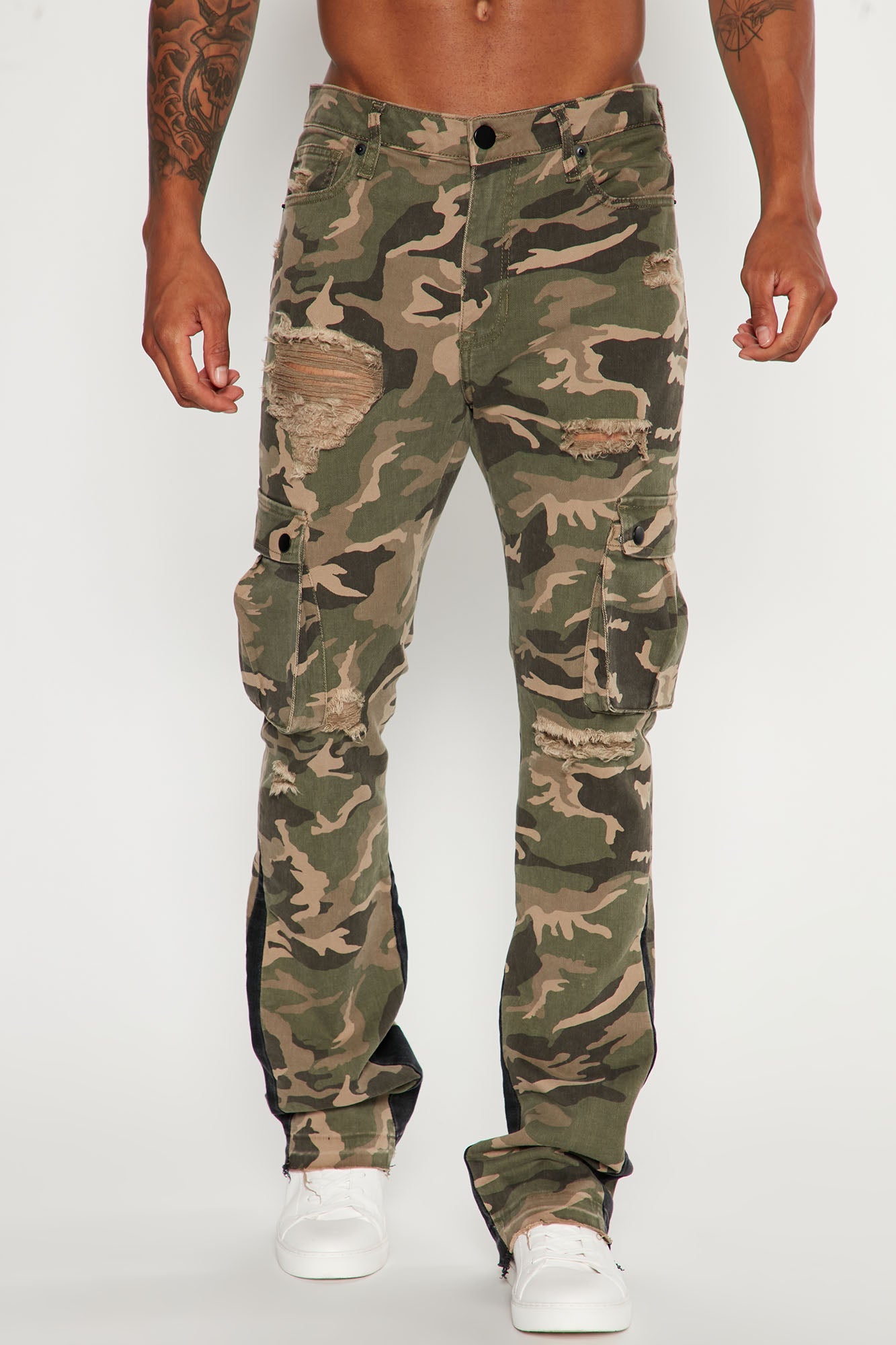 Contrast Skinny Stacked Flared Cargo Pants - Camouflage