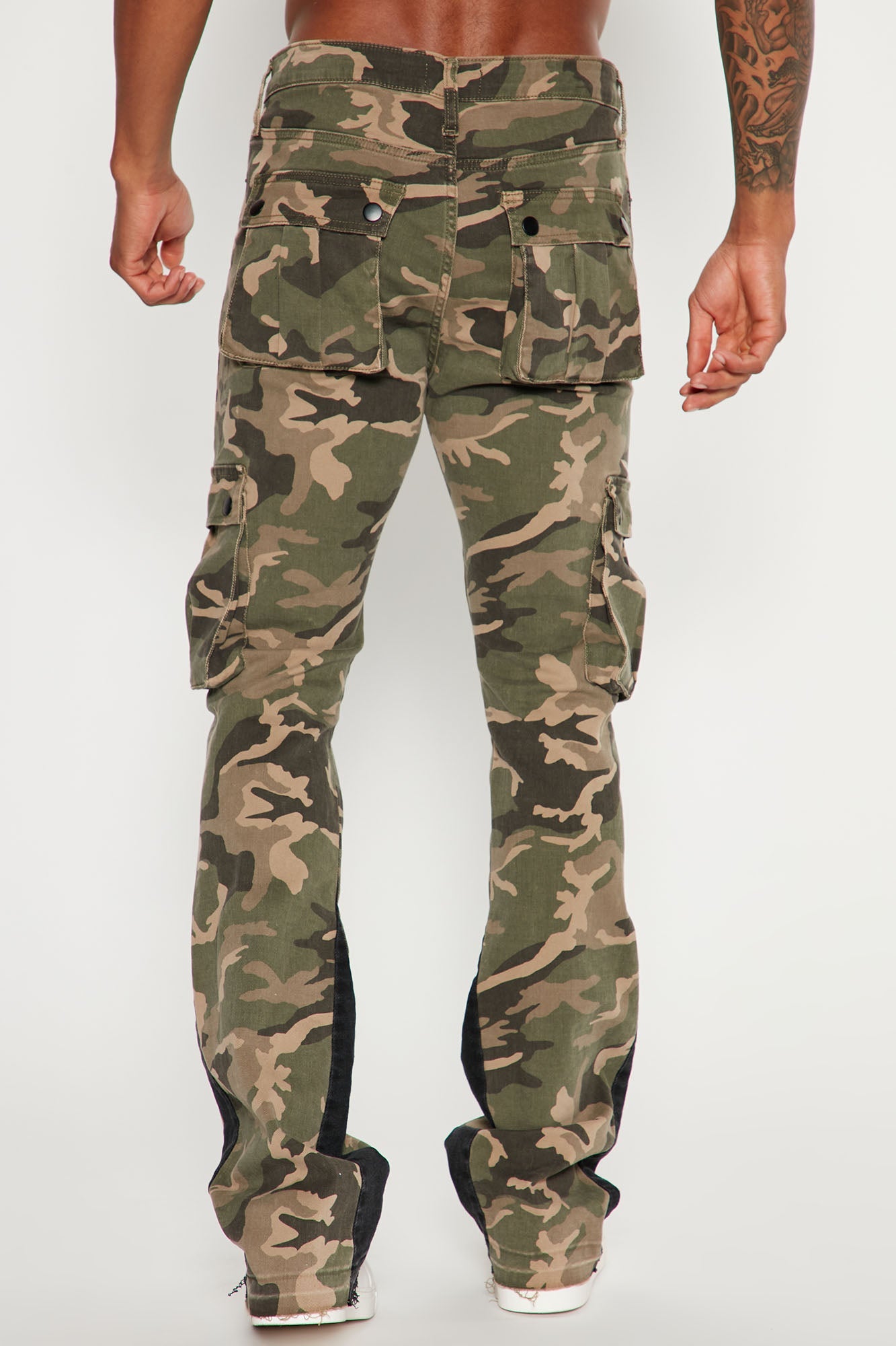 Contrast Skinny Stacked Flared Cargo Pants - Camouflage