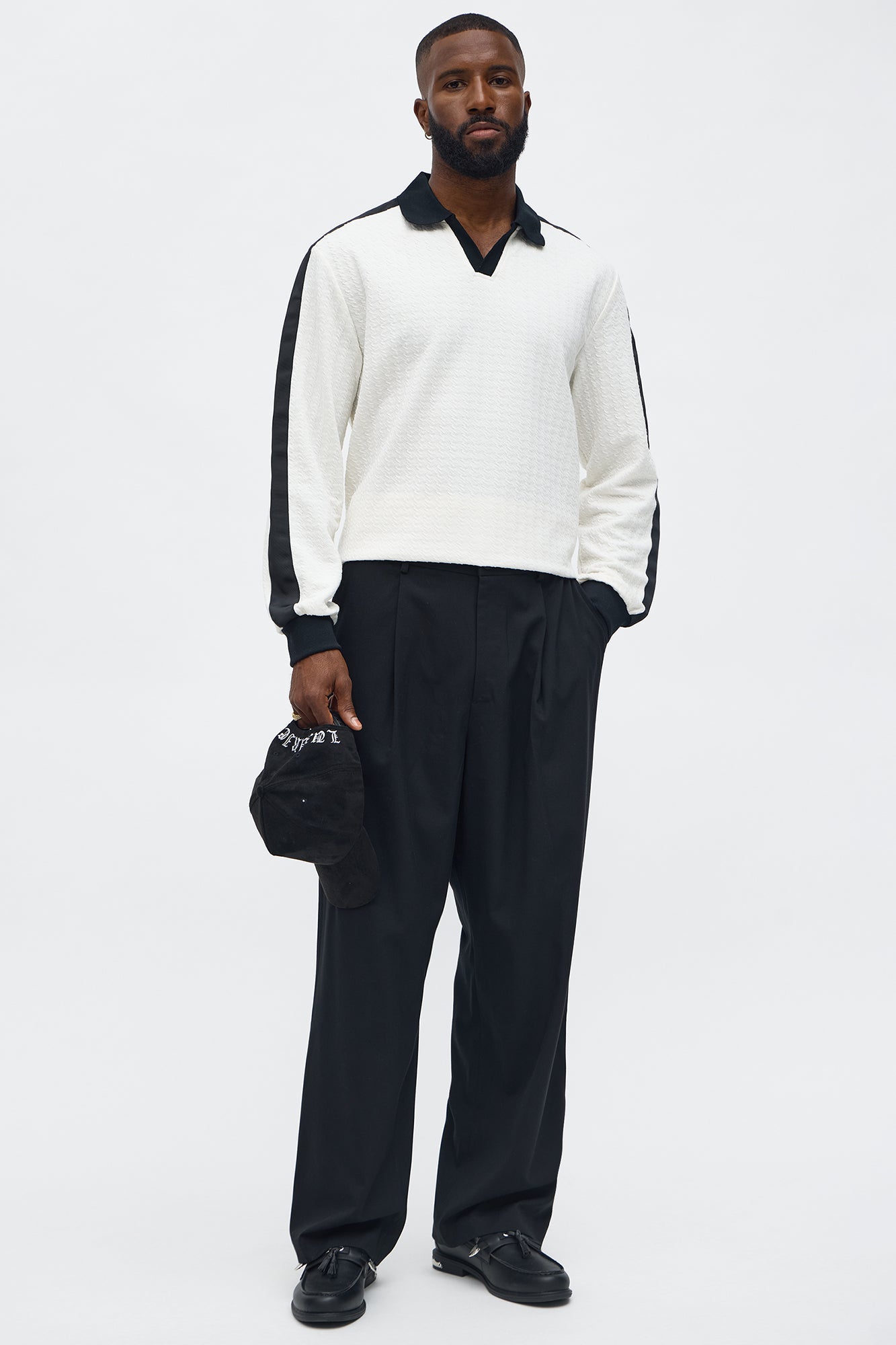 Andrew Textured Knit Johnny Collar Long Sleeve Polo - Cream