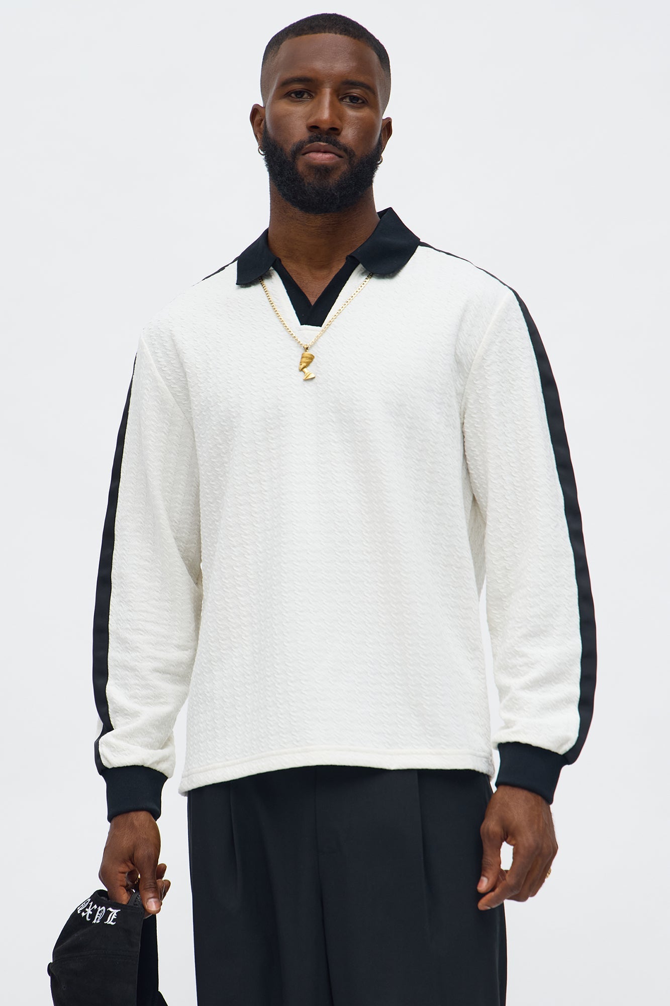 Andrew Textured Knit Johnny Collar Long Sleeve Polo - Cream