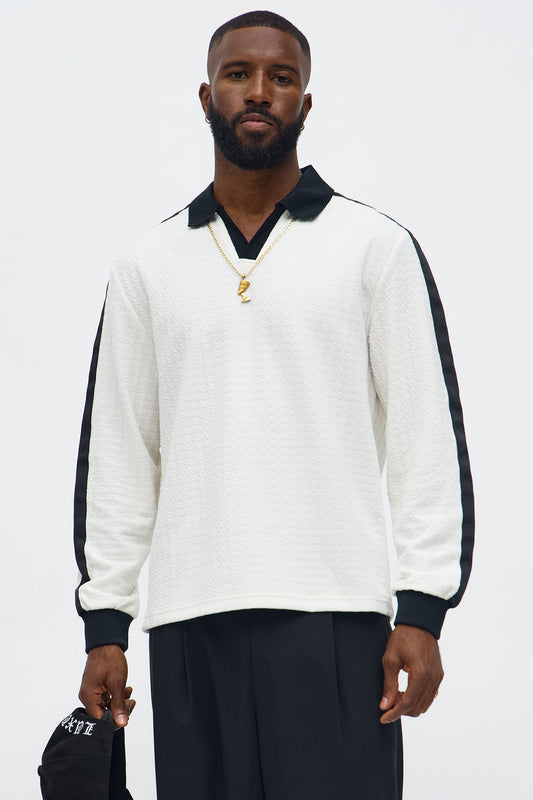 Andrew Textured Knit Johnny Collar Long Sleeve Polo - Cream