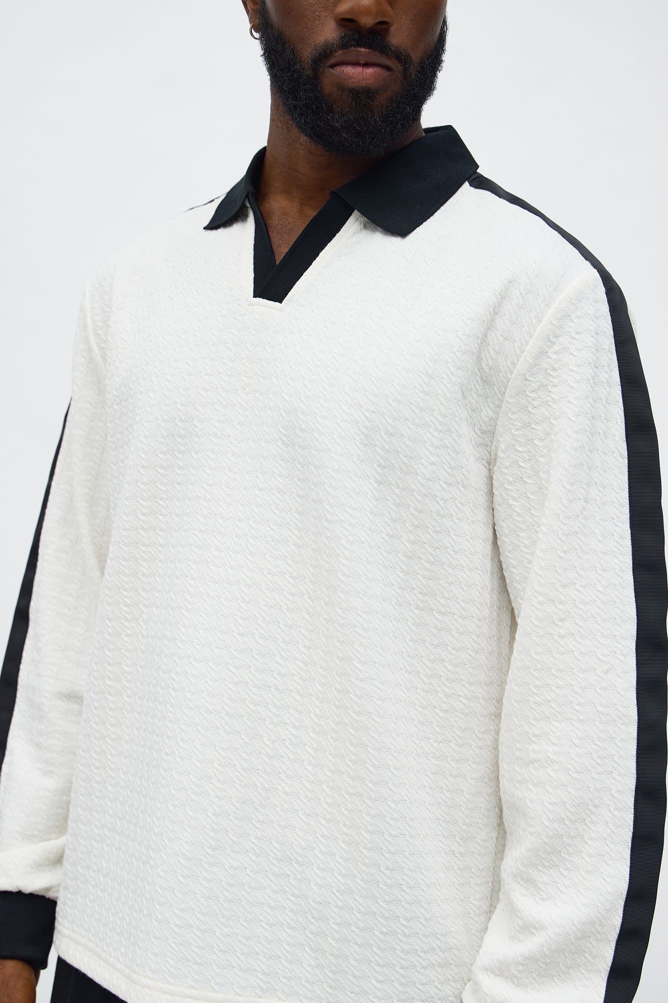 Andrew Textured Knit Johnny Collar Long Sleeve Polo - Cream