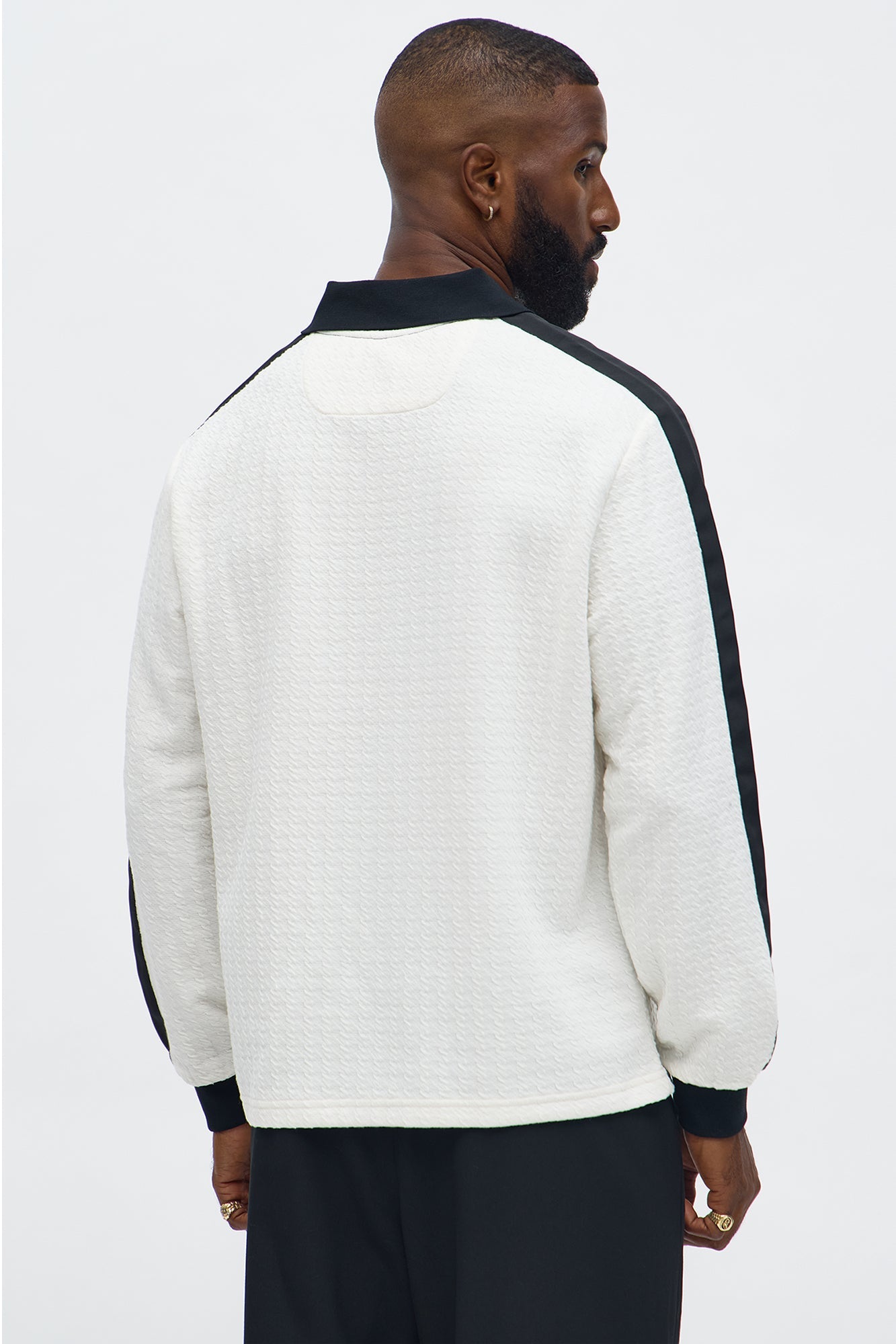 Andrew Textured Knit Johnny Collar Long Sleeve Polo - Cream