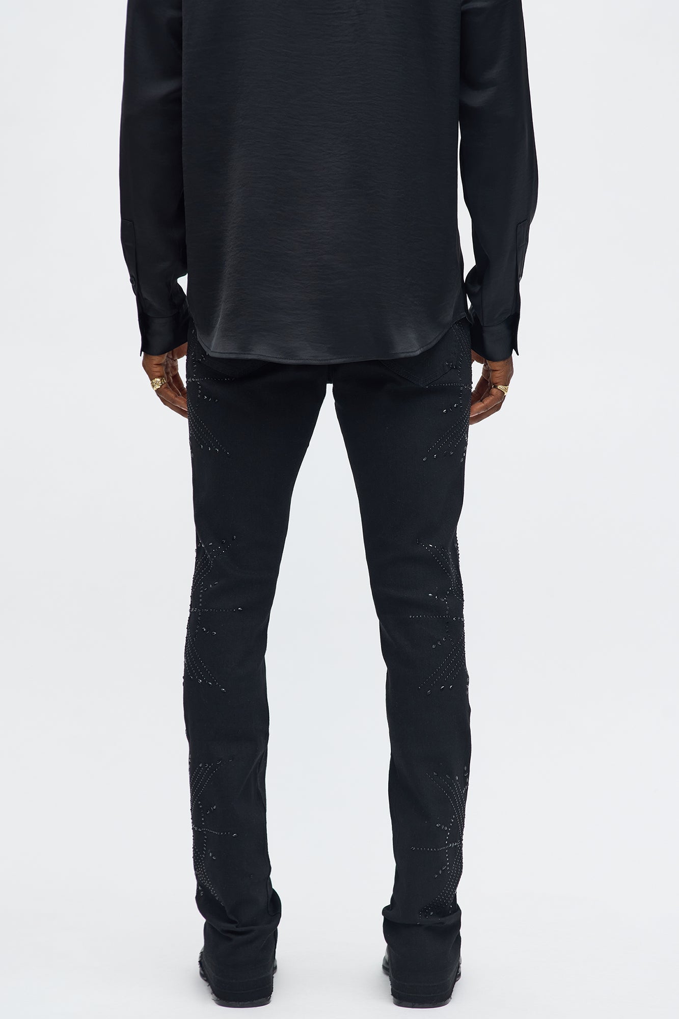 Stacked Skinny Flare Within Star Jeweled Jean - Black