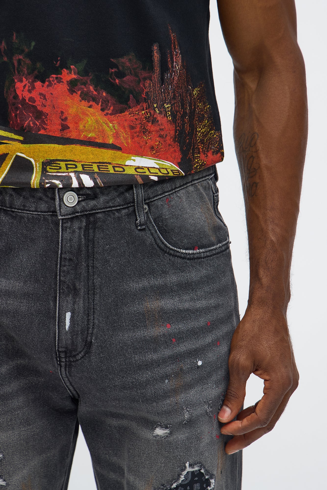 Slim Paint Splat On The Low Ripped Jeans - Black Wash