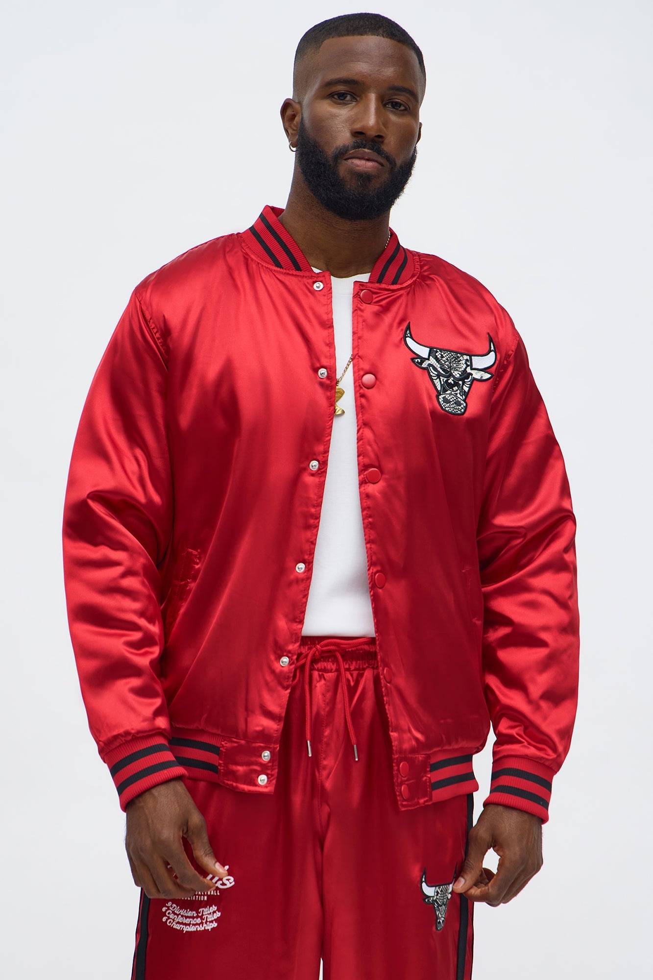 Bulls Night Drift Satin Varsity Jacket - Red