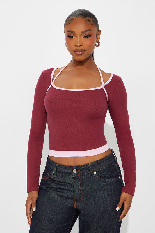 Terra Ribbed Long Sleeve Baby Tee - Wine/combo